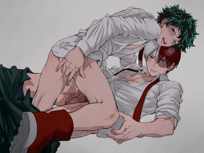 2boys, after anal, after sex, anal, anal fingering, artist request, ass, balls, blush, boku no hero academia, bottomless, collared shirt, cum, cum in ass, cum inside, deku, gay, grabbing, grabbing own ass, green eyes, green hair, half-dressed, izuku midoriya, looking at viewer, looking pleasured, male, male only, male/male, midoriya izuku, mostly clothed, multicolored hair, my hero academia, open clothes, open shirt, pants down, penis, scar, scar across eye, scar on face, school uniform, shouto todoroki, sneakers, split-color hair, tagme, todoroki shouto, two-tone hair, yaoi