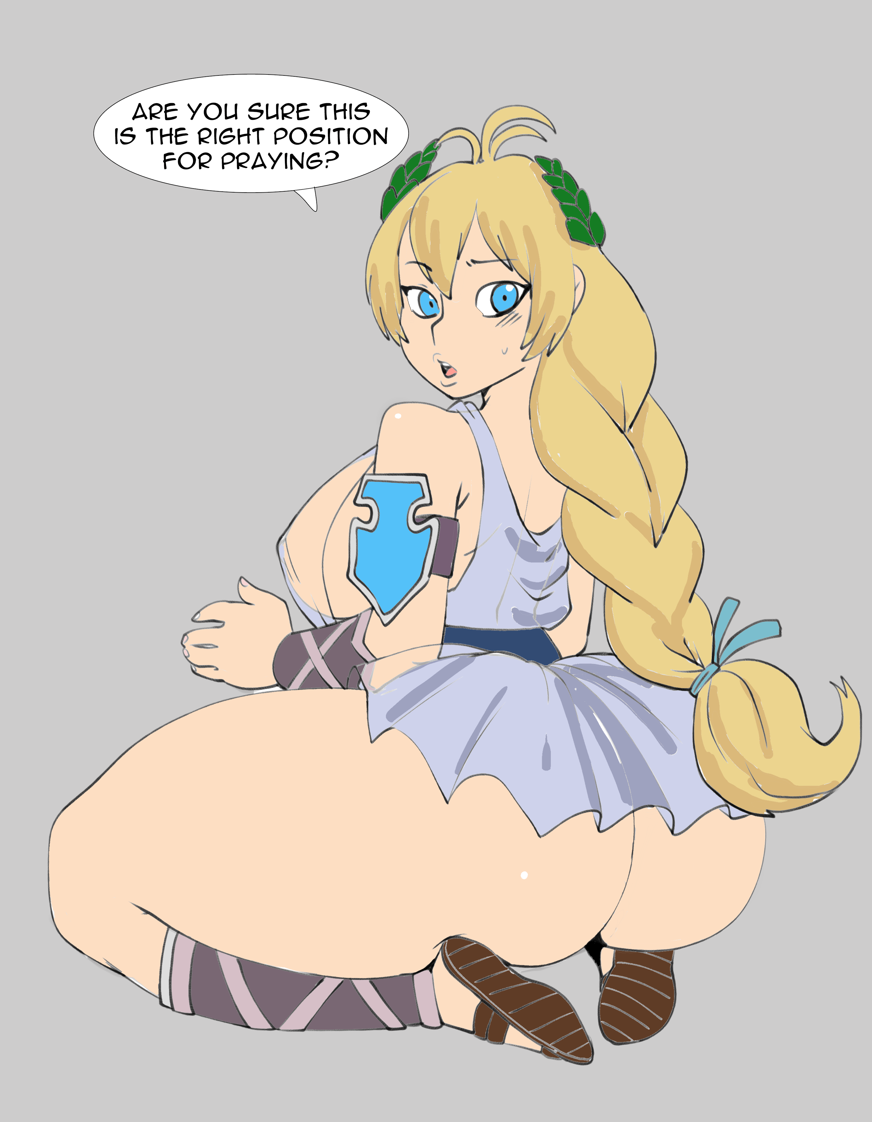 ass, big ass, blonde, blonde hair, blue eyes, blush, breasts, clueless, colored, darkeros13, dress, fat ass, female, long hair, looking at viewer, milf, naive, no panties, ponytail, sandals, short skirt, sideboob, sitting, sophitia alexandra, soul calibur, sweat, text, thick ass, thick thighs, transparent clothing, wide hips