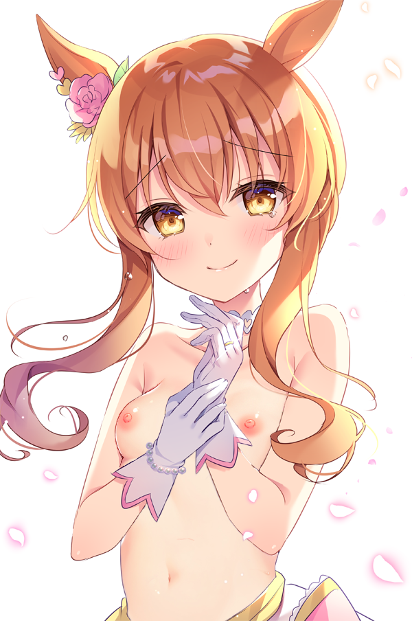 breasts, female, looking at viewer, mayano top gun (umamusume), photoshop, shikitani asuka, small breasts, smile, umamusume