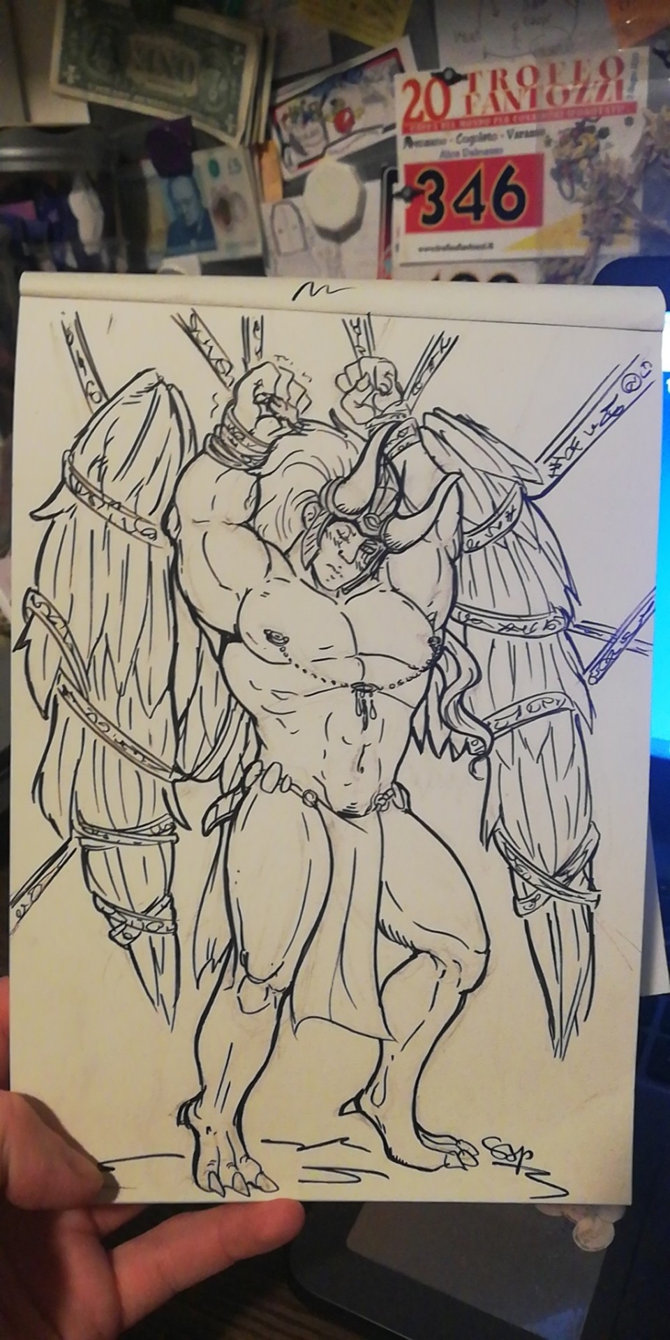 1boy arms_up bara bara_tiddies bara_tits bondage bound bound_wings bound_wrists chaos_(warhammer) clawed_toes daemon_prince horns loincloth long_hair long_hair_male magnus_the_red male male_focus muscular muscular_male nipple_chain nipple_piercing nipples primarch solo_male sxpaiscia thousand_sons traditional_media traditional_media_(artwork) warhammer_(franchise) warhammer_40k wings