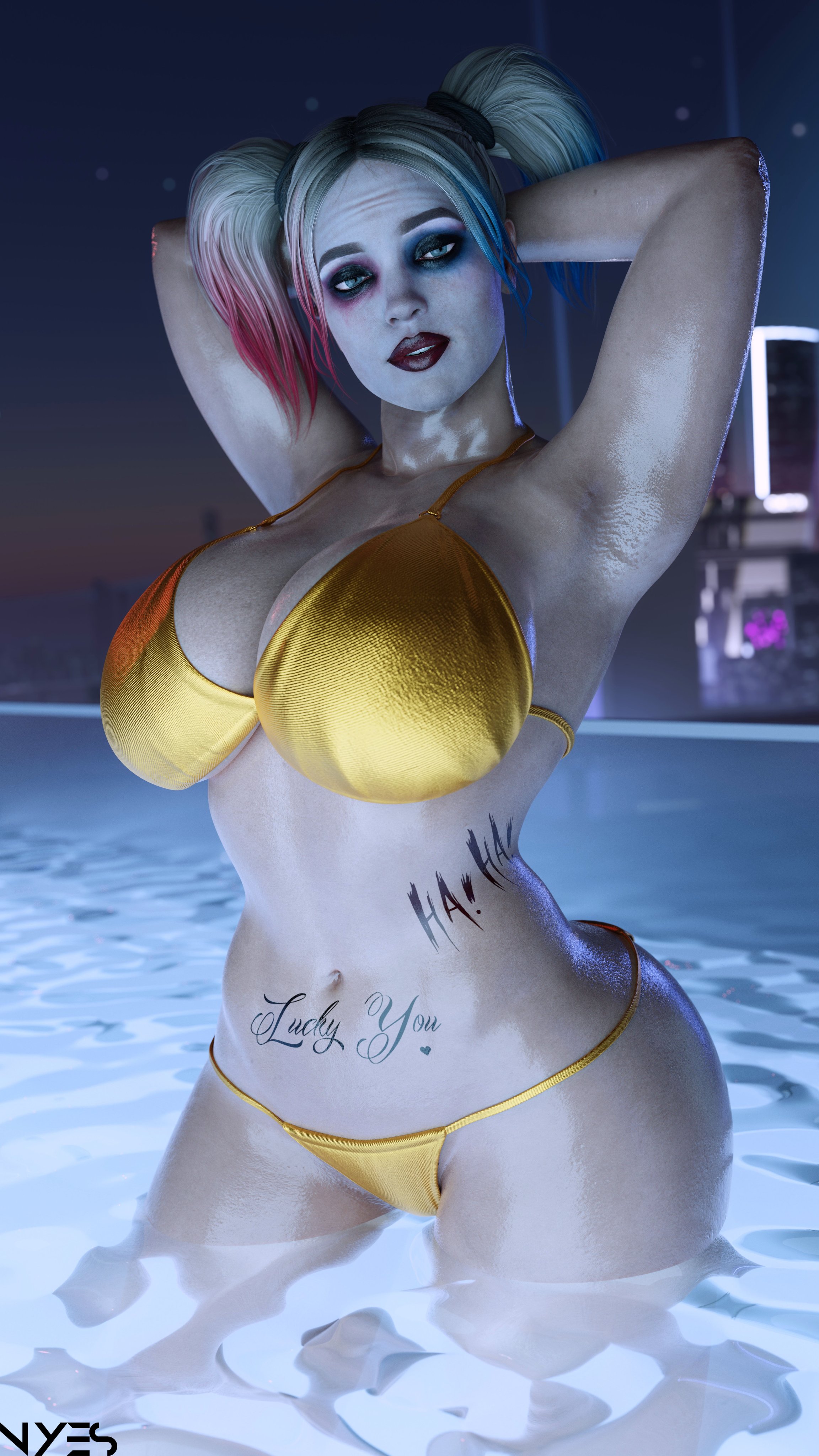 1girls, 3d, armpits, ass, batman (series), big ass, big breasts, bikini, blonde hair, breasts, dc, dc comics, dyed hair, eyeshadow, female, female only, gold bikini, harley quinn, harley quinn (injustice), hi res, huge breasts, injustice 2, large breasts, lipstick, looking at viewer, makeup, multicolored hair, nyes117, pool, solo, solo female, tattoos, twintails, two-tone hair, wet, wet body