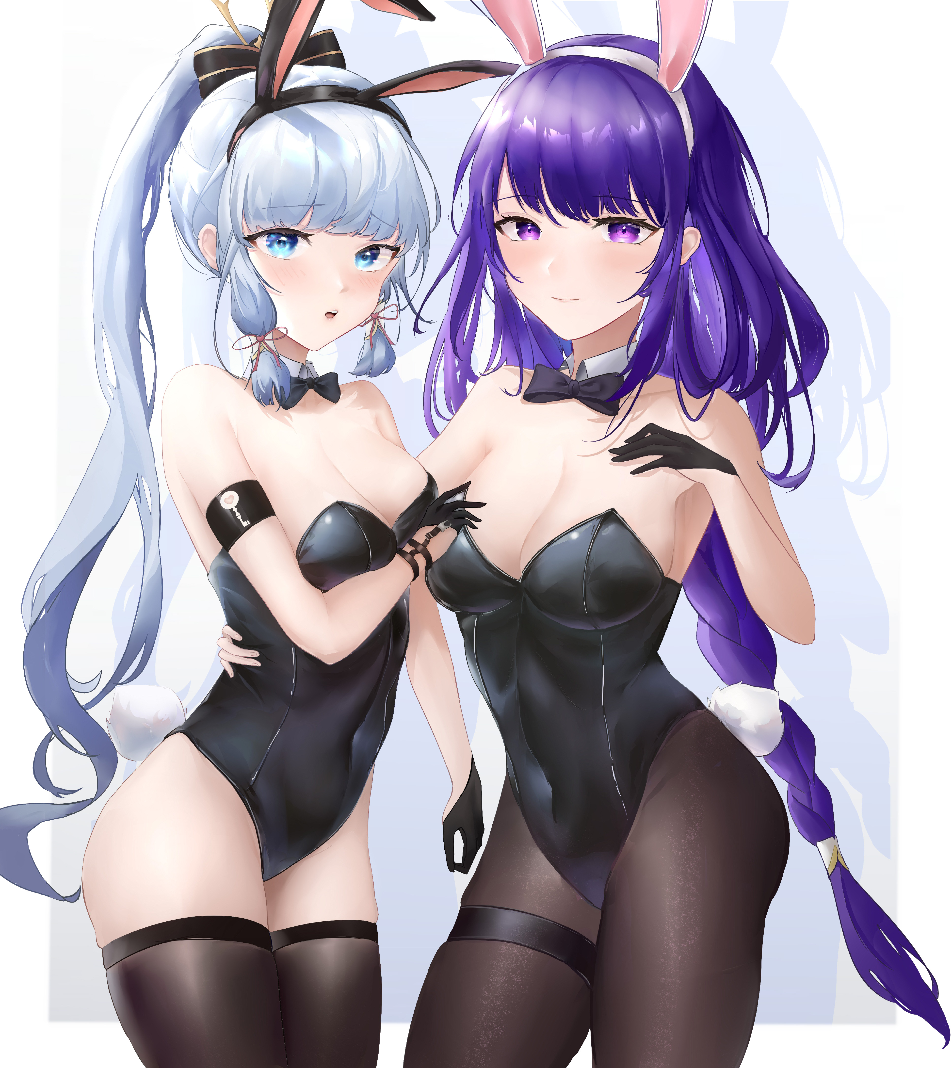 2girls, artist request, ass, beauty mark, big breasts, blue eyes, blue hair, breasts, bunny ears, bunny girl, bunny tail, bunnysuit, female, genshin impact, kamisato ayaka, mole, mole under eye, multiple females, multiple girls, purple eyes, purple hair, raiden shogun, thick thighs, thighhighs, thighs