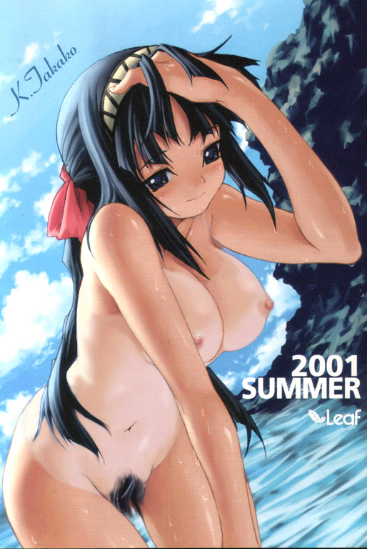 adjusting_hair black_eyes black_hair blush bow bows breasts headband kawata_hisashi kuwashima_takako large_breasts leaning_forward long_hair nipples nude ocean pubic_hair smile summer sweat tan tanline tasogare thigh_gap thighs wading water wet