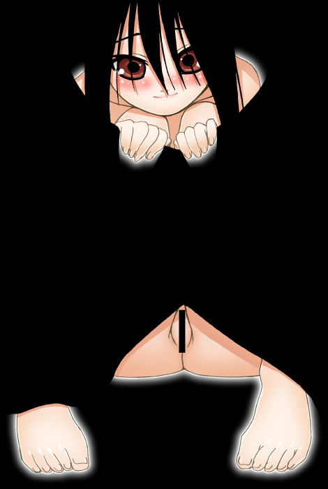 bangs black black_hair blanket blush brown_eyes censored gambler_club hair_over_eyes komori_kiri pussy sayonara_zetsubou_sensei sitting smile