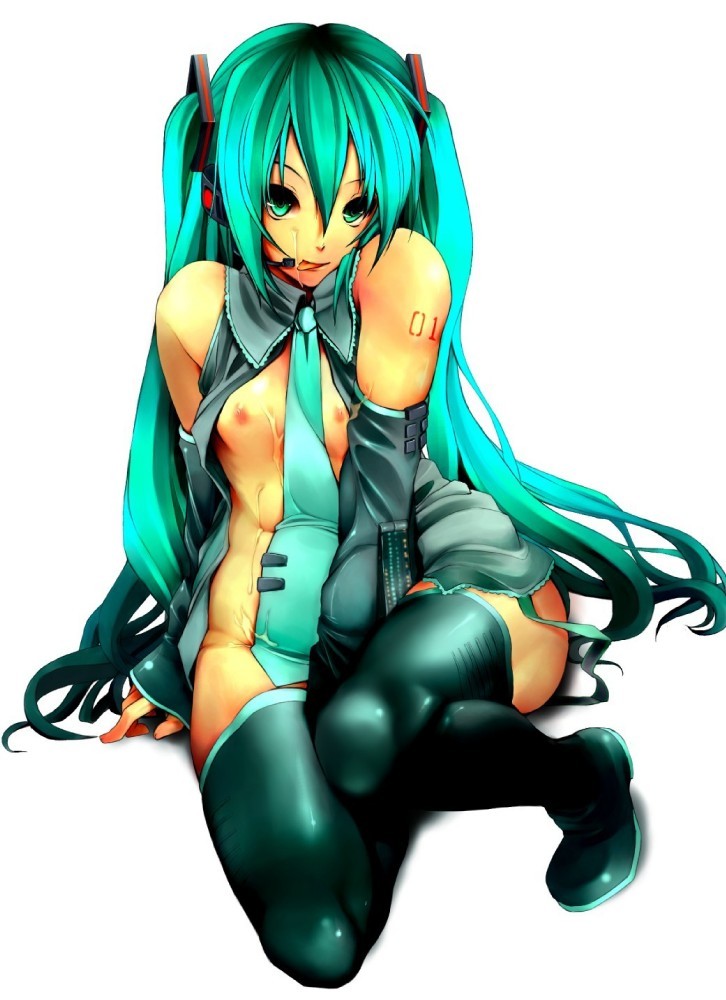 akahoshi_kenji aqua_eyes aqua_hair barbecue_(artist) breasts cum detached_sleeves hatsune_miku long_hair necktie nipples open_clothes thighhighs tied_hair tongue twintails very_long_hair vocaloid