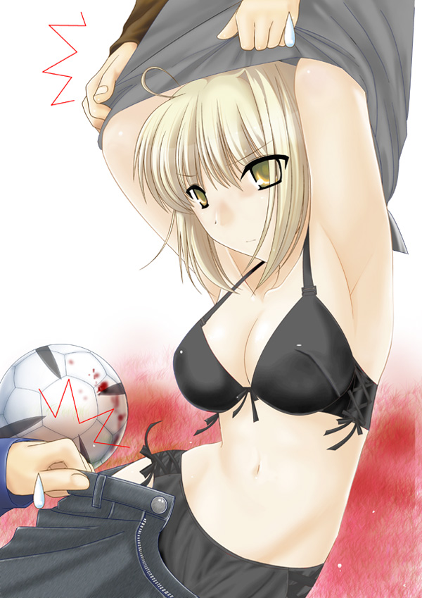 artoria_pendragon artoria_pendragon_(alter) blonde_hair bra fate/grand_order fate/stay_night fate_(series) kizuki_aruchu lingerie panties short_hair solo underwear undressing yellow_eyes