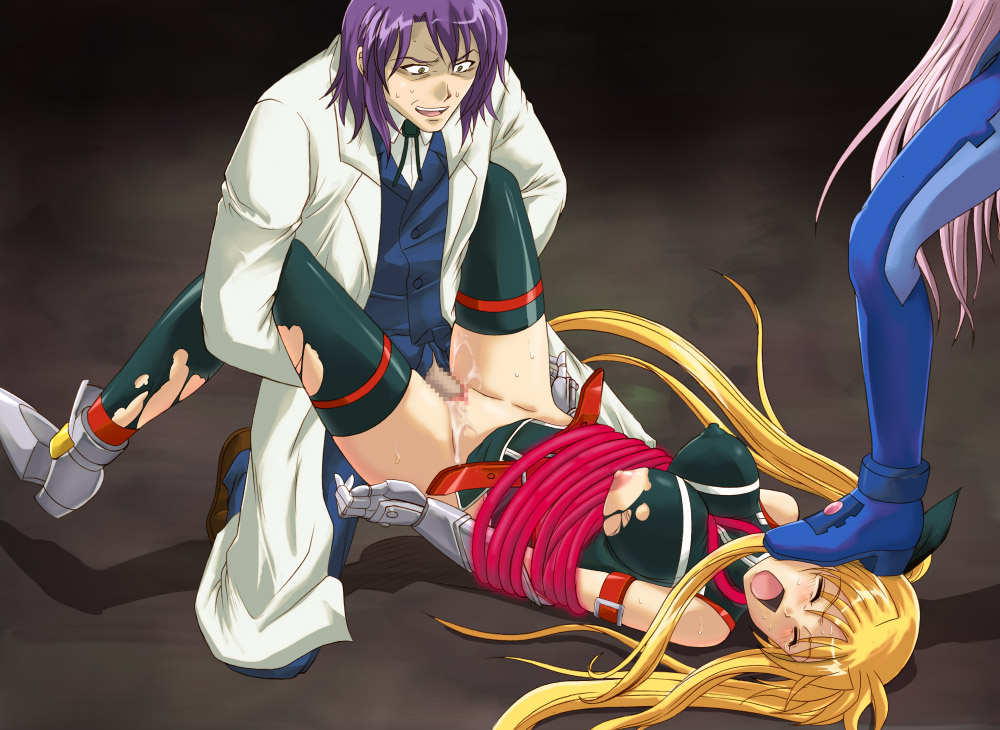 blonde_hair blush bodysuit bondage breasts censored closed_eyes cum cyclone erect_nipples fate_testarossa human jail_scaglietti labcoat long_hair lyrical_nanoha mahou_shoujo_lyrical_nanoha mahou_shoujo_lyrical_nanoha_strikers male nipples no_panties open_mouth penis pussy rape sette sex spandex straight tears thighhighs tied_hair torn_clothes twintails vaginal