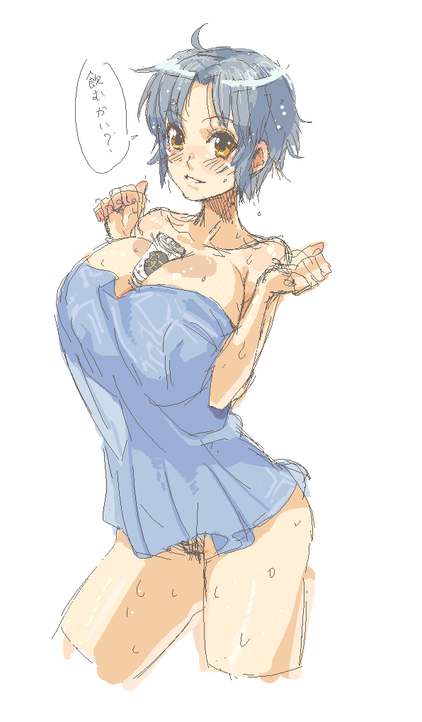 between_breasts breasts can huge_breasts mumu naked_towel object_between_breasts oekaki original pubic_hair sketch towel