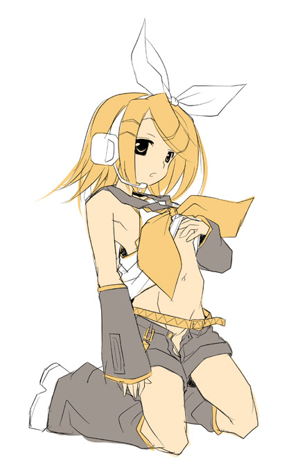 belt blonde_hair detached_sleeves female flat_chest hair_ribbon headset hermmy kagamine_rin kneeling mound_of_venus no_bra no_panties open_fly open_shorts oppai_kenmin pussy ribbon school_uniform serafuku shirt_lift short_hair shorts solo unbuttoned undressing unzipped vocaloid