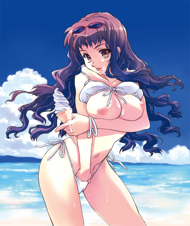 bikini breasts food ice_cream large_breasts long_hair masturbation matsumoto_noriyuki nipples purple_hair side-tie_bikini sunglasses swimsuit topless