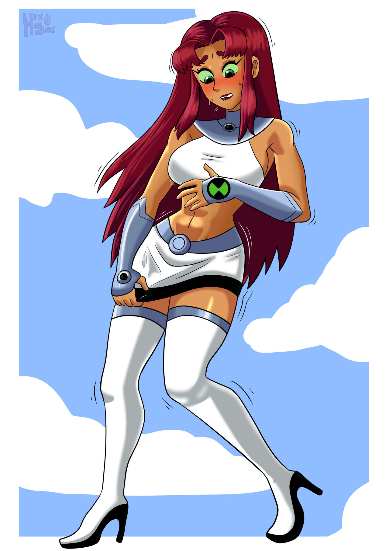alien, alien girl, artist request, ben 10, ben tennyson, benfire, dc, dc comics, female, female ben, gender transformation, genderswap, genderswap (mtf), green eyes, red hair, rule 63, starfire, tagme, tamaranean, transformation