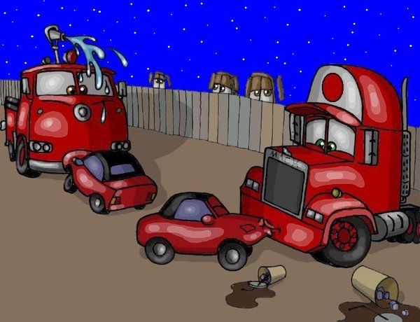 cars_(film) detailed_background disney kissing living_machine mack_(cars) male/ambiguous mia_(cars) pixar red_(cars) tia_(cars) vehicle