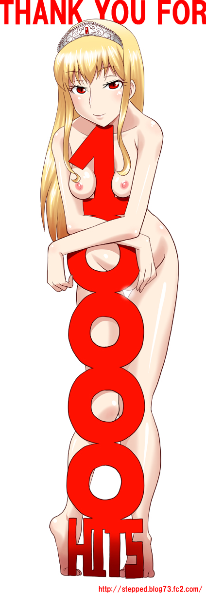 between_breasts blonde_hair breasts hair highres hime hime_(kaibutsu_oujo) hinoki hits kaibutsu_oujo lilianne long_image milestone_celebration monster_princess nude object_between_breasts princess_resurrection red_eyes small_breasts tall_image tiara