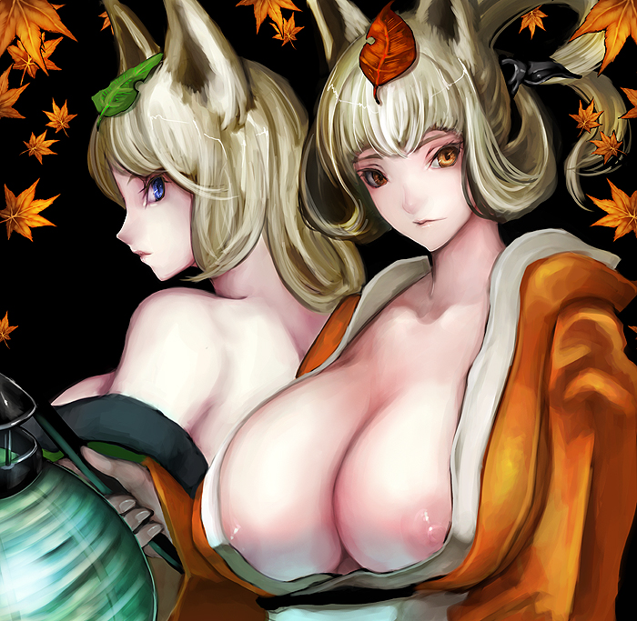 animal_ears asanuma blue_eyes breasts cleavage fox_ears huge_breasts japanese_clothes kongiku looking_at_viewer looking_back muramasa_the_demon_blade nipple_slip nipples yukata yuzuruha