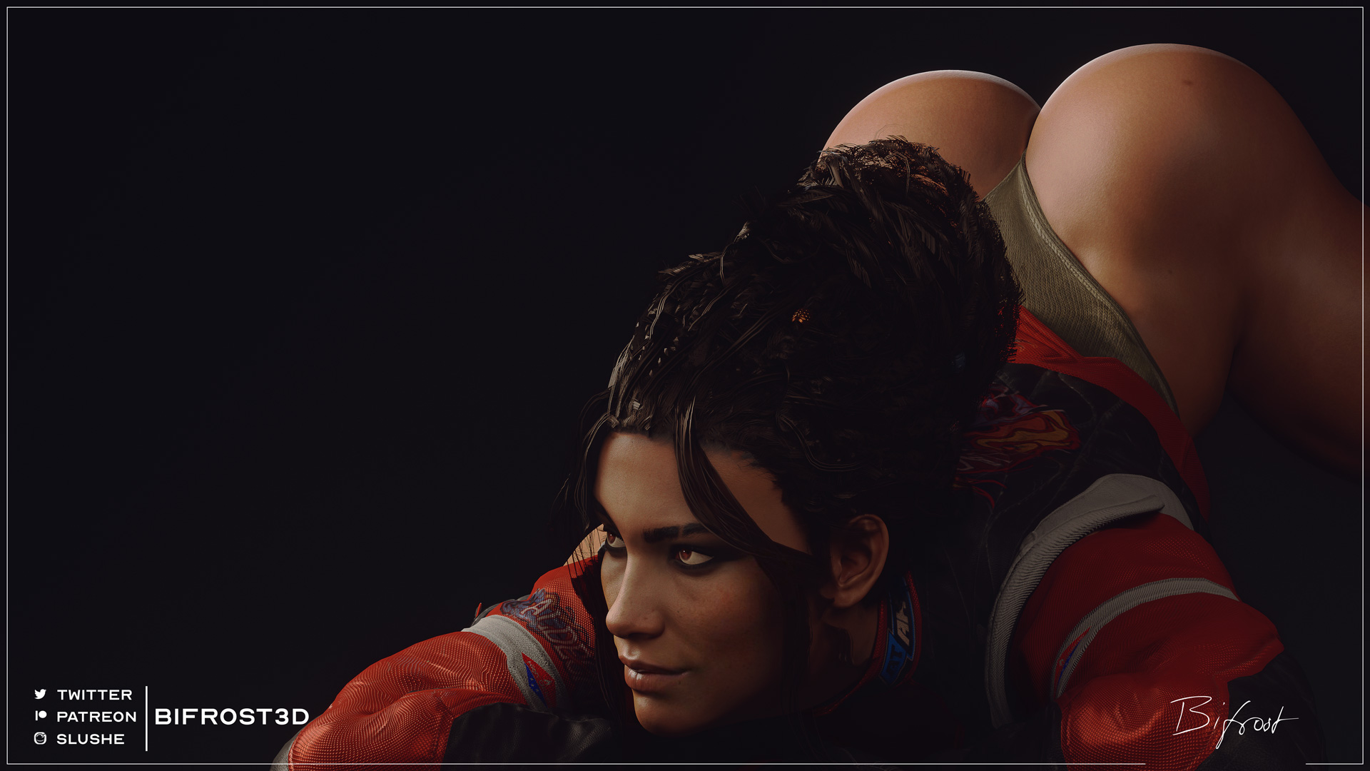 1girls, 3d, ass, bifrost3d, big ass, blender, cyberpunk 2077, female, female only, heart butt, jack-o pose, jackochallenge, panam palmer, solo, spread legs