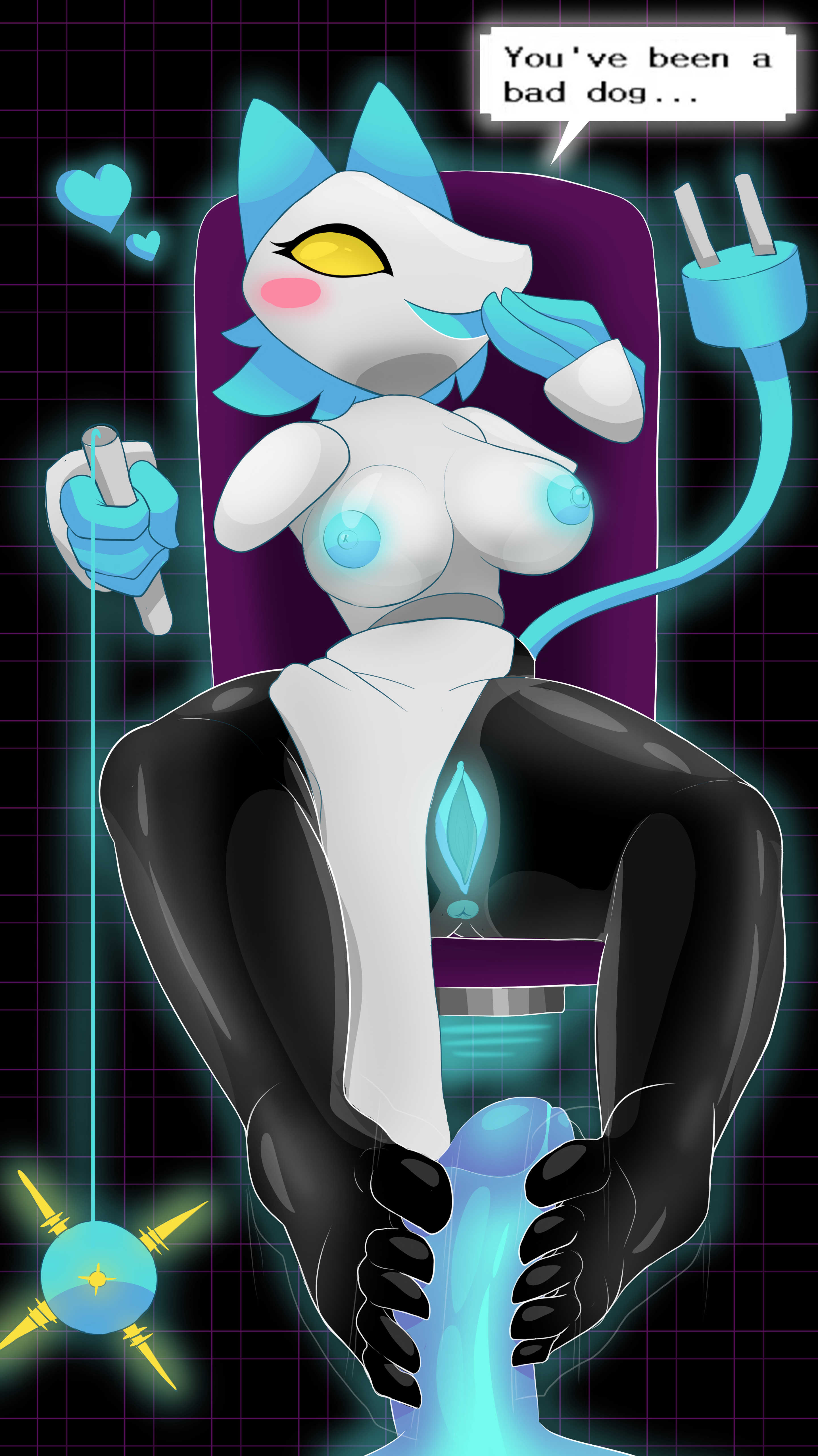 anus, big breasts, blue hair, blush, breasts, cat ears, deltarune, domination, feet, female, foot fetish, footjob, jwecchi (artist), male, penis, pussy, robot, smile, tasque manager (deltarune), text, thick thighs, vagina, whip, yellow eyes