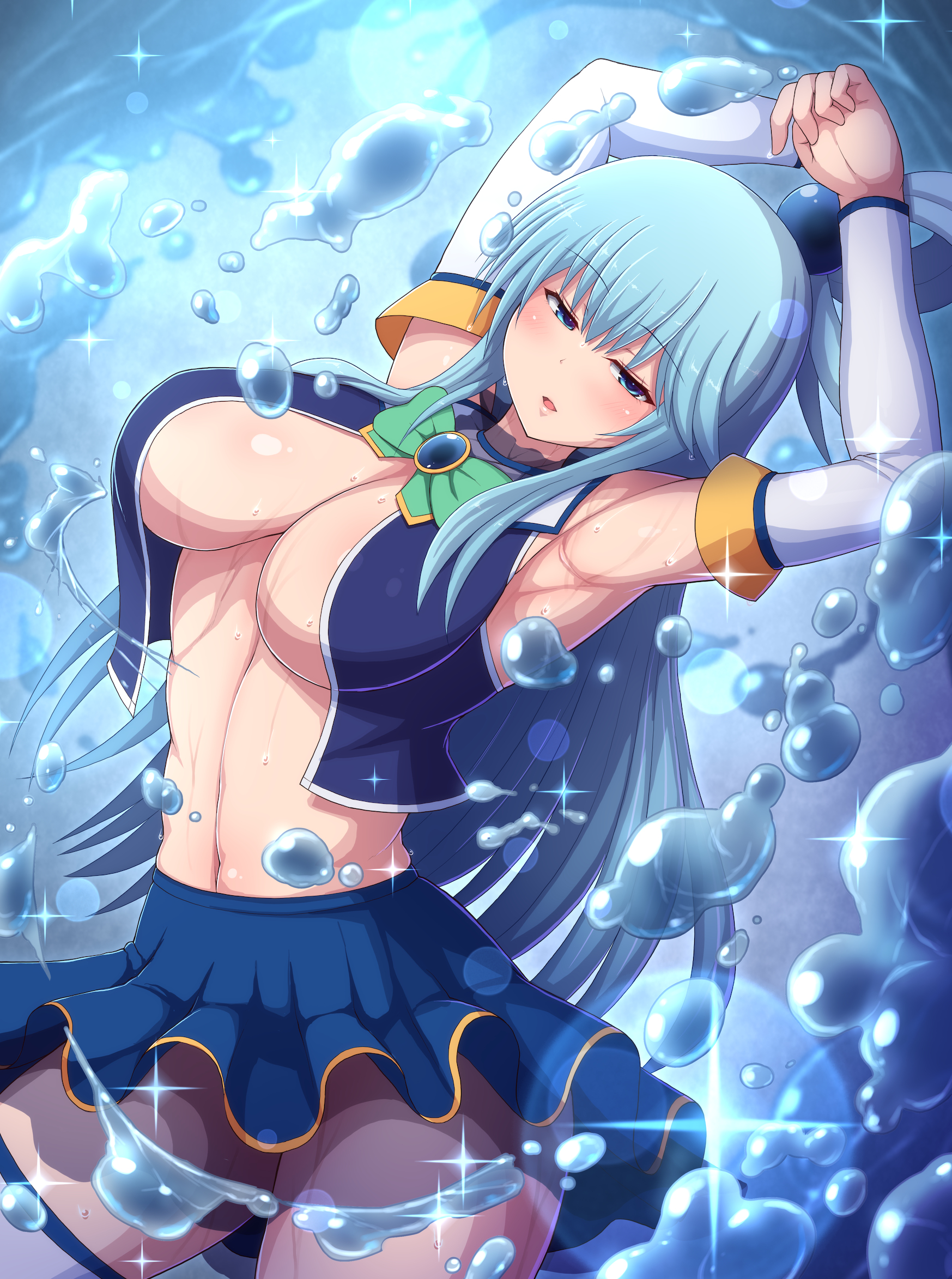 1girls, aqua (konosuba), armpits, big breasts, blue eyes, blue hair, blush, breasts, female, kono subarashii sekai ni shukufuku wo!, large breasts, long hair, ponpo, solo, thick thighs, thighhighs, thighs, water