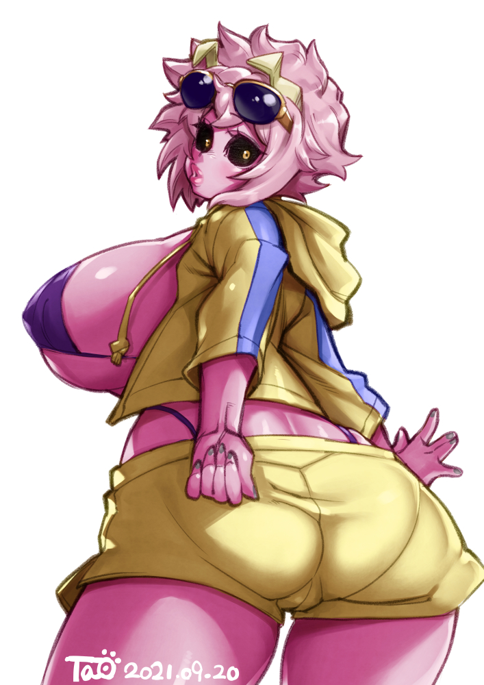 1girls, ass, bikini, breasts, bubble ass, bubble butt, clothed, female, female only, huge ass, huge breasts, jacket, konakona, mina ashido, my hero academia, pink hair, pink skin, short shorts, shounen jump, solo, solo female, thick thighs, wide hips