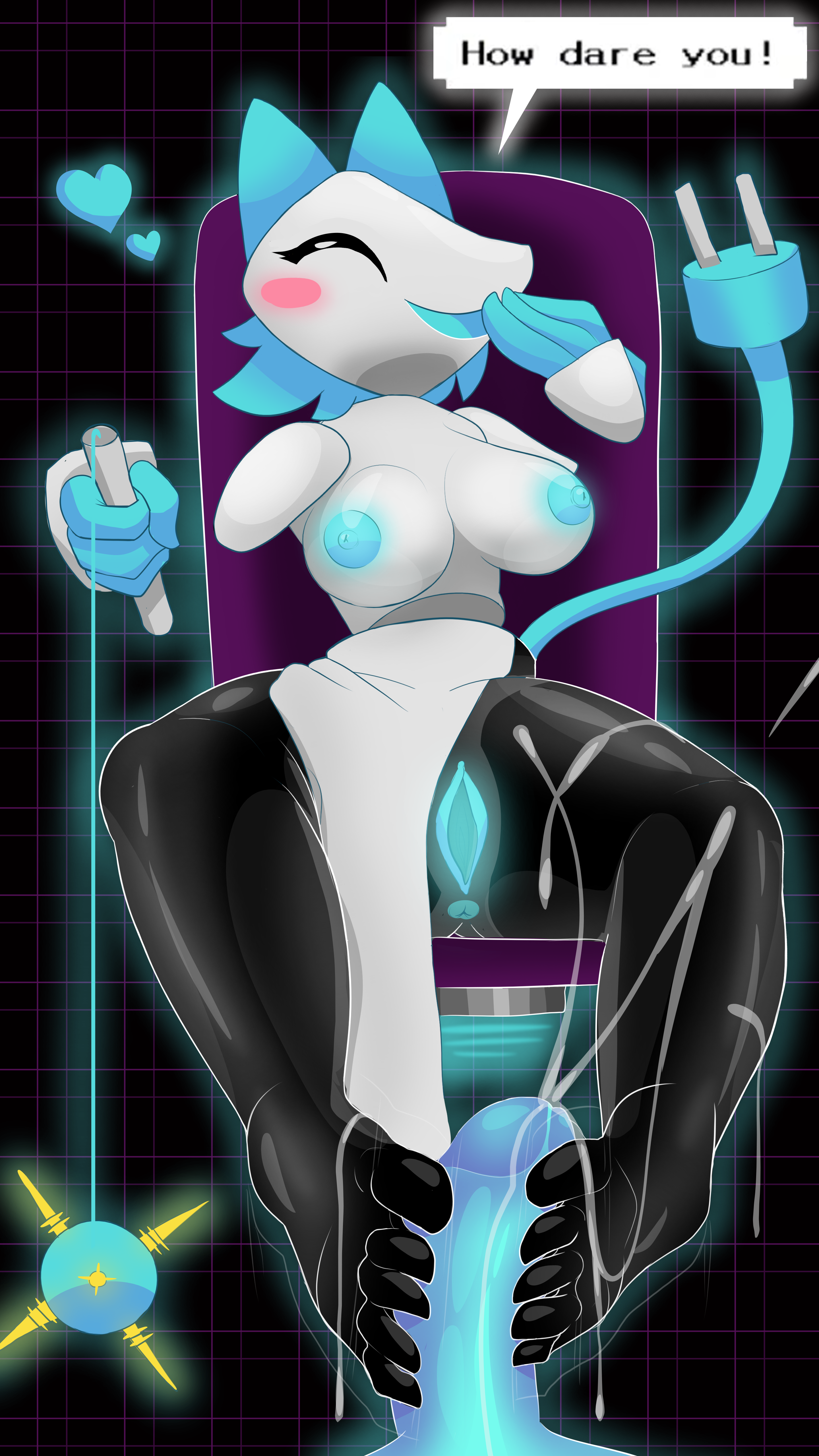 anus, big breasts, blue hair, blush, breasts, cat ears, cum, deltarune, domination, ejaculation, feet, female, foot fetish, footjob, jwecchi (artist), male, penis, pussy, robot, smile, tasque manager (deltarune), text, thick thighs, vagina, whip, yellow eyes