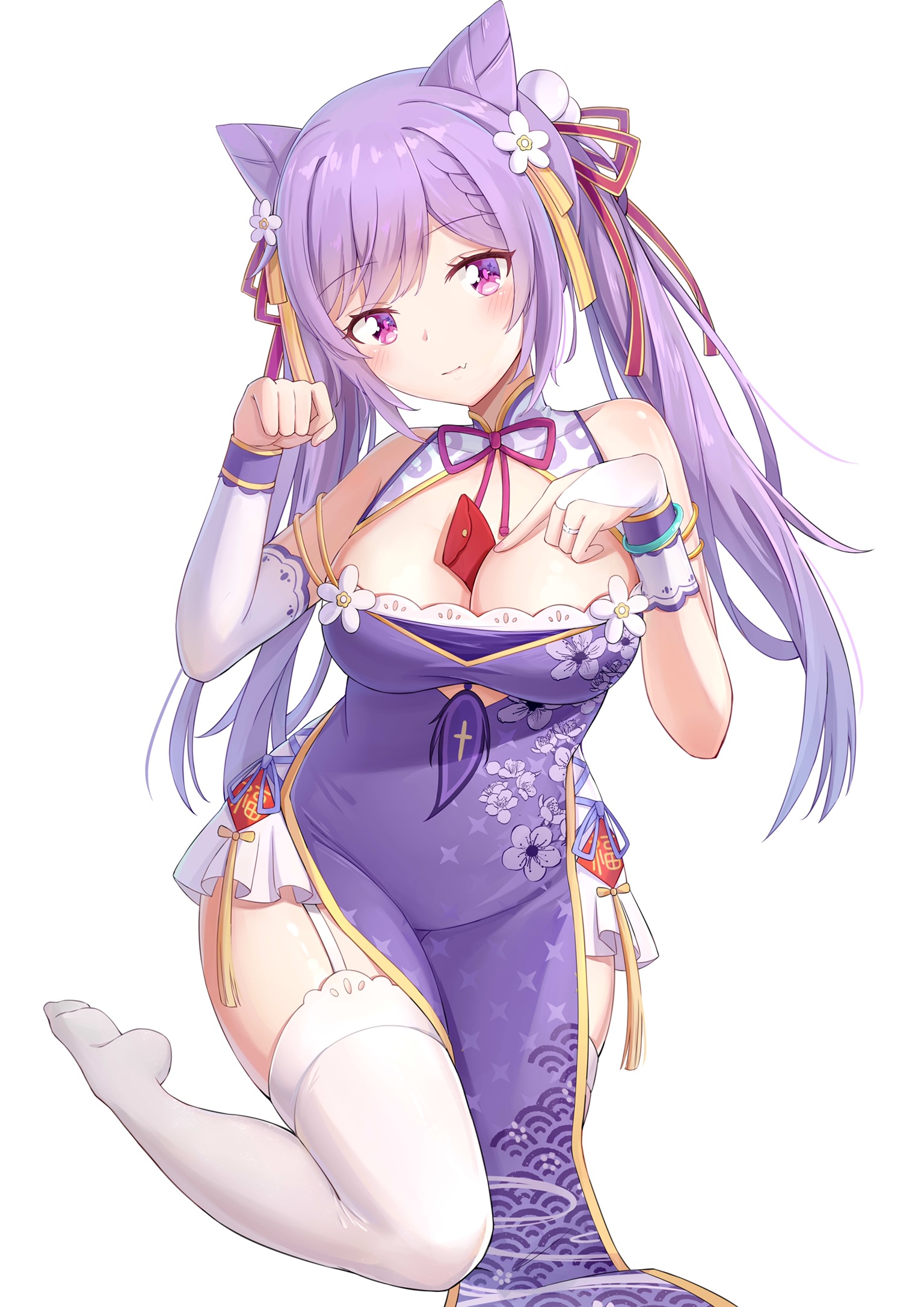 1girls, artist request, big breasts, blush, breasts, chinese clothes, condom, condom wrapper, female, genshin impact, keqing (genshin impact), purple eyes, purple hair, thick thighs, thighhighs, thighs, twintails