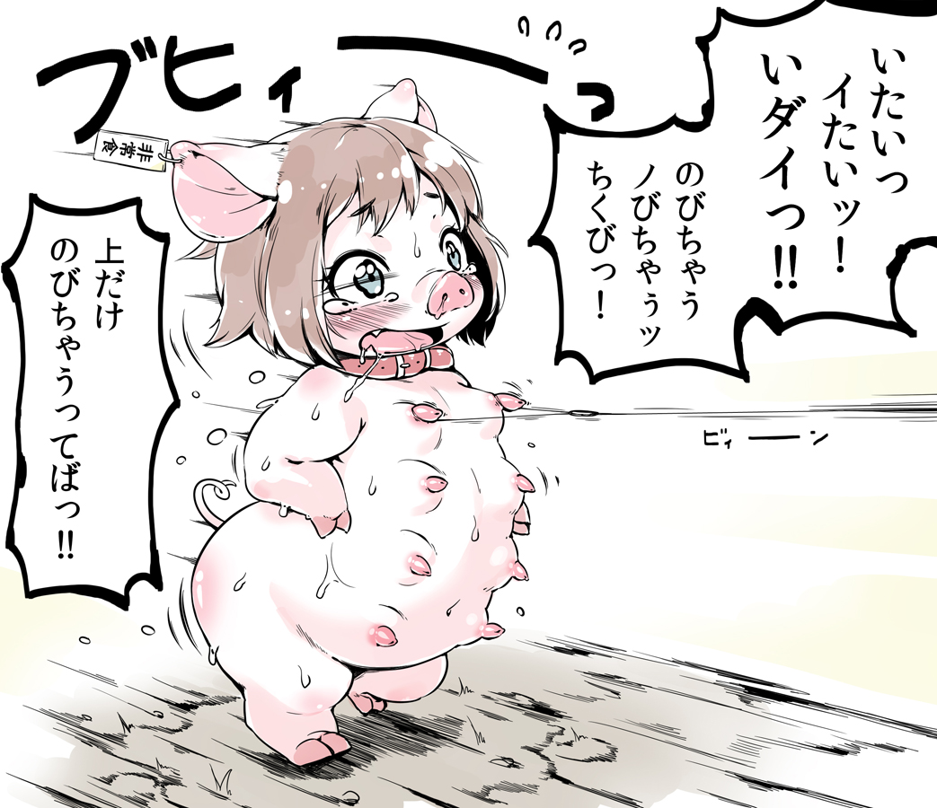 anthro bodily_fluids breast_pull breasts collar crying domestic_pig female feral forced japanese_text leash mammal multi_breast oseron slave solo suid suina sus_(pig) sweat tears text translation_request