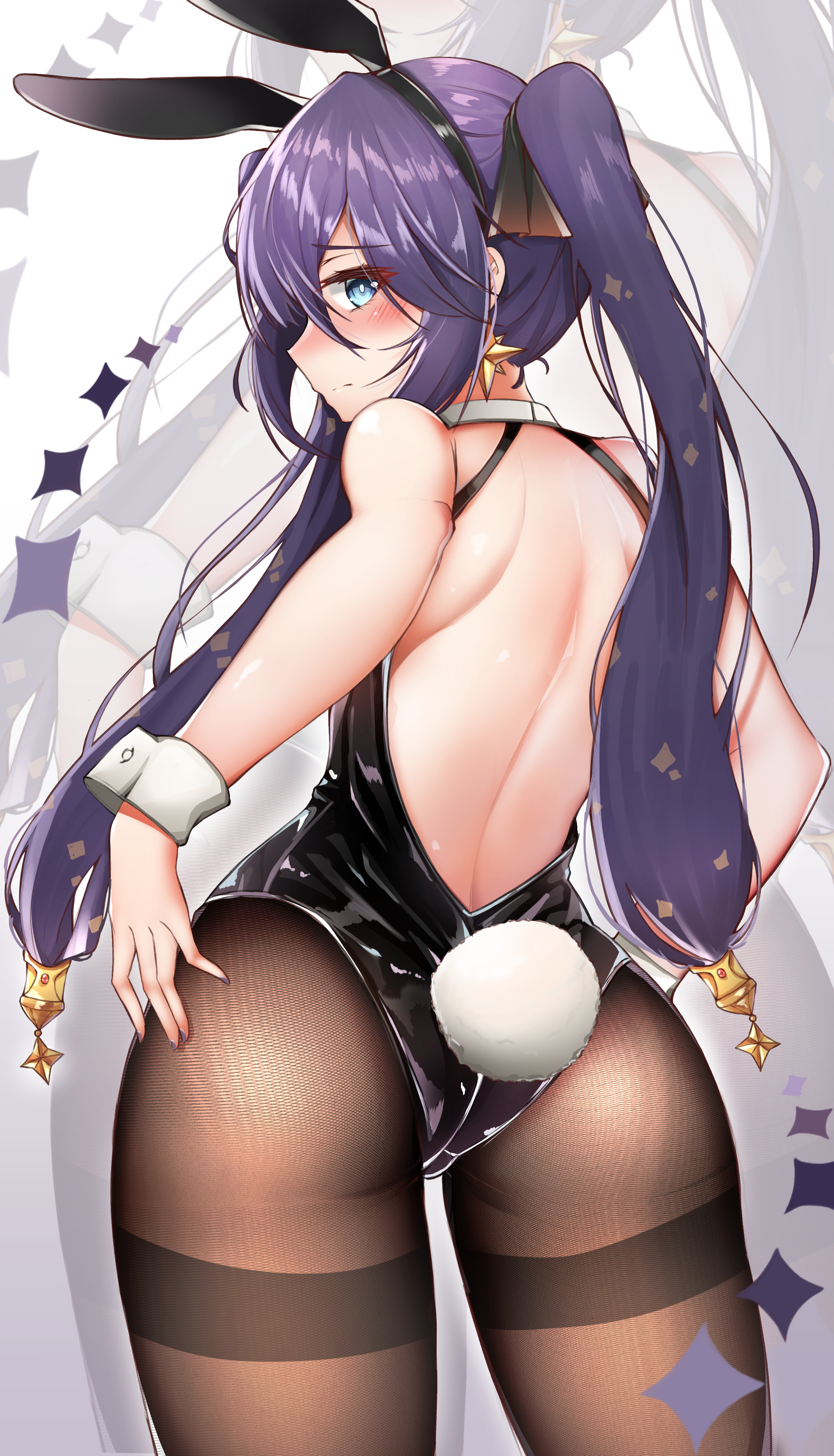 1girls, blue eyes, blush, bunny ears, bunny girl, bunny tail, bunnysuit, female, genshin impact, looking at viewer, meruna, mona (genshin impact), purple hair, thick thighs, thighs, tight clothing, twintails