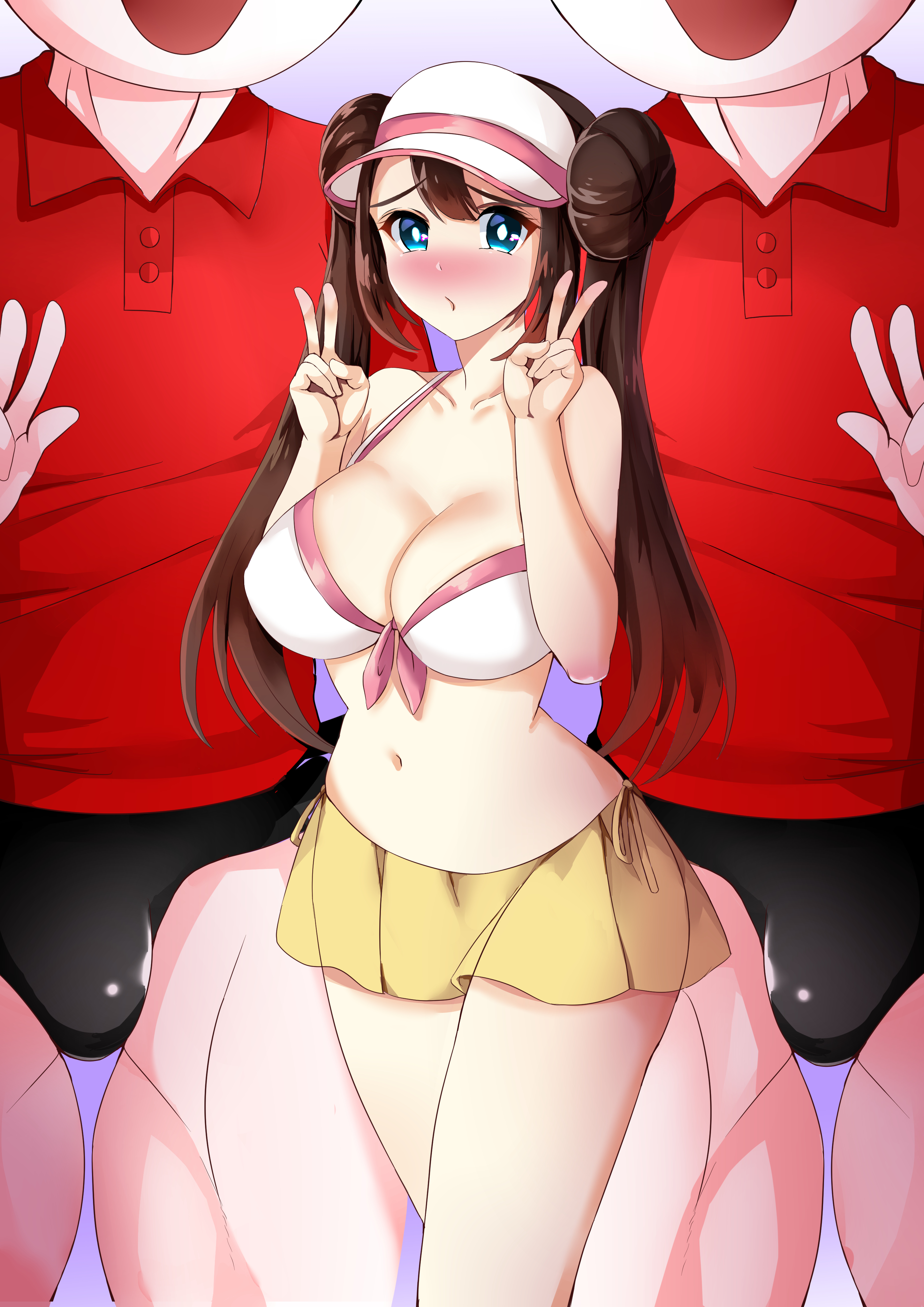 alternate breast size, ball guy (pokemon), bikini, blue eyes, blush, breasts, brown hair, cleavage, double v, erection, female, large breasts, light skin, light-skinned female, light-skinned male, long hair, looking at viewer, male, nervous, nintendo, open mouth, penis, penis bulge, pokemon, pokemon bw2, rosa (pokemon), swimsuit, tara (szzj7733), twintails, v
