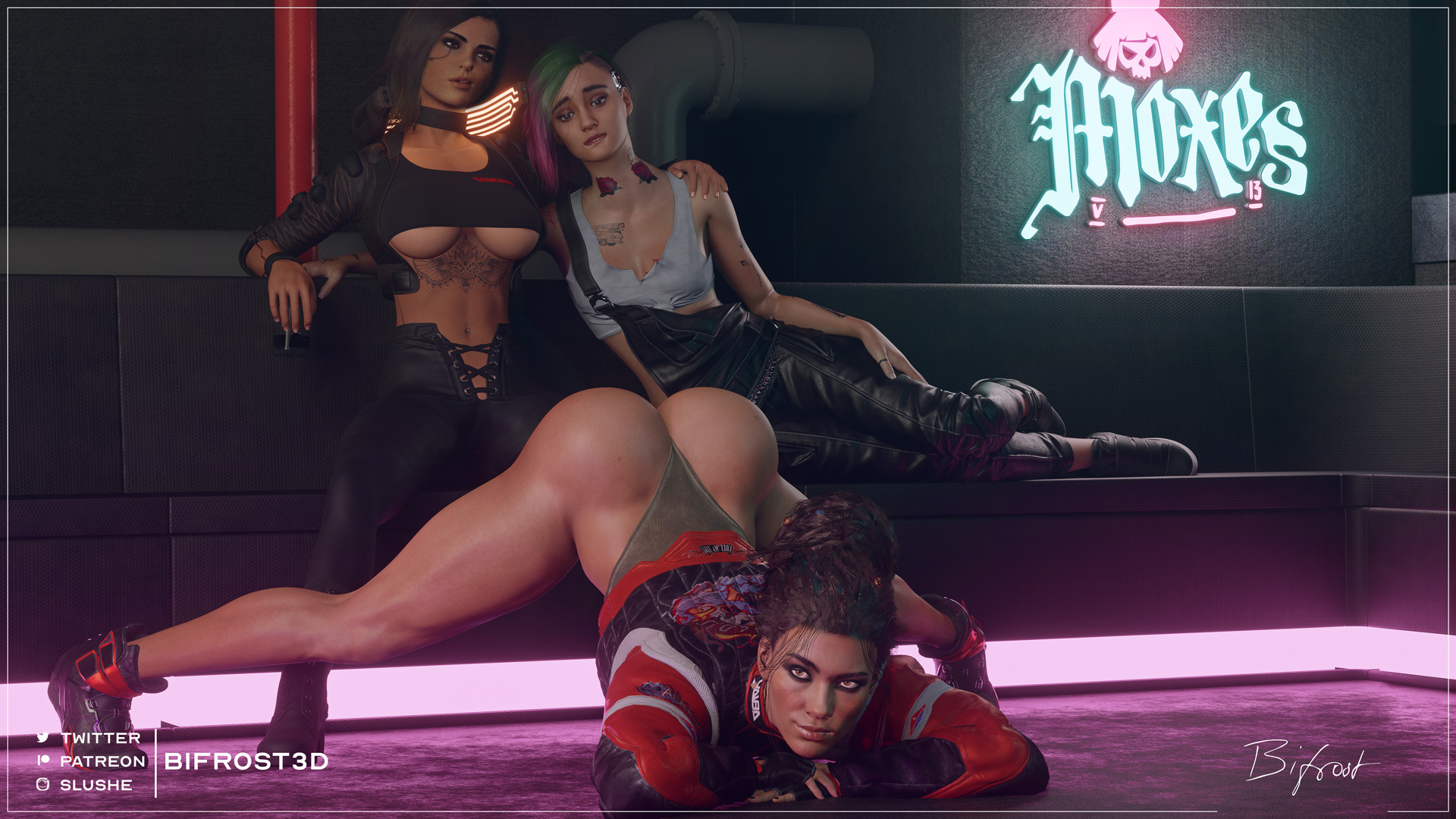 3d, 3girls, ass, bifrost3d, big ass, blender, cyberpunk 2077, female, female only, heart butt, jack-o pose, judy alvarez, panam palmer, spread legs