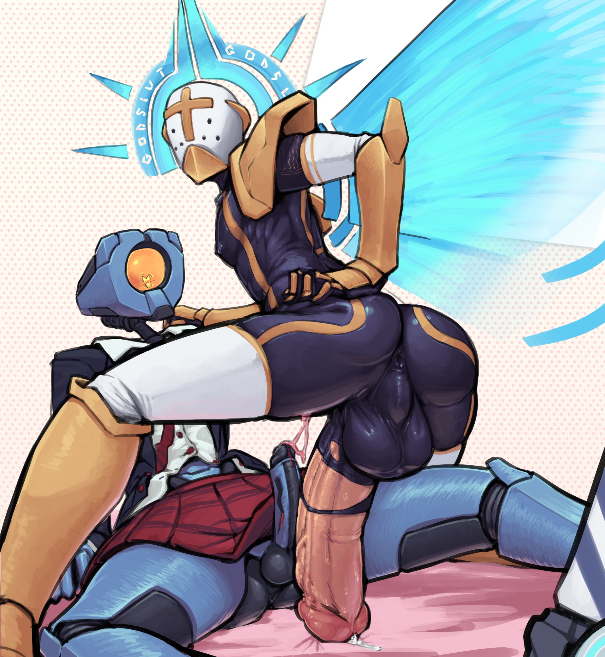 2boys, animal genitalia, ass, balls, boxman, erection, femboy, gabriel (ultrakill), gay, girly, horsecock, huge balls, huge cock, humanoid, humanoid penis, hung trap, light skin, male, male only, male/male, mirage (ultrakill), nude, penis, penis size difference, robot, testicles, ultrakill, yaoi
