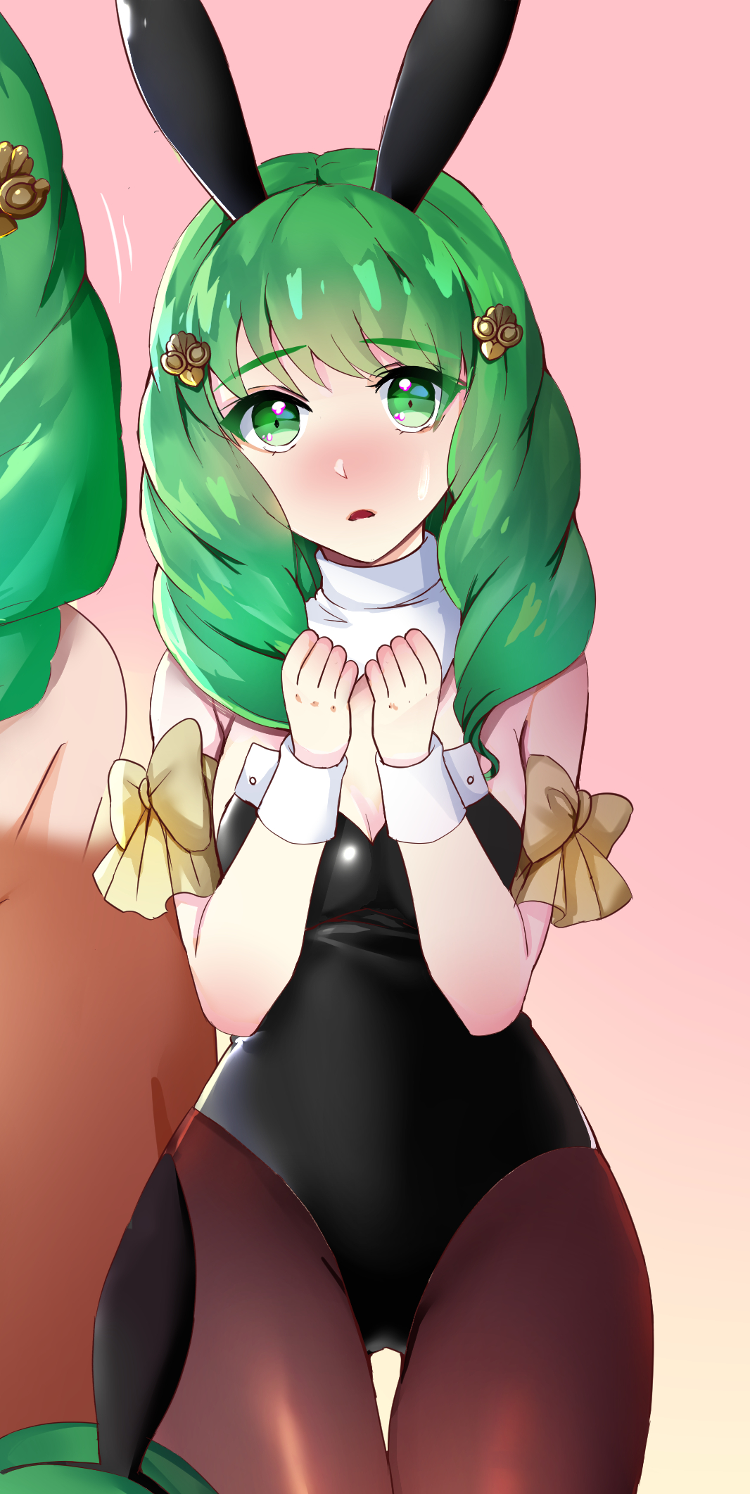 1girls, alternate costume, breasts, bunny ears, bunny girl, bunnysuit, cleavage, female, fire emblem, fire emblem: three houses, flayn (fire emblem), green eyes, green hair, leotard, long hair, looking at viewer, nintendo, pantyhose, small breasts, solo, tara (szzj7733)