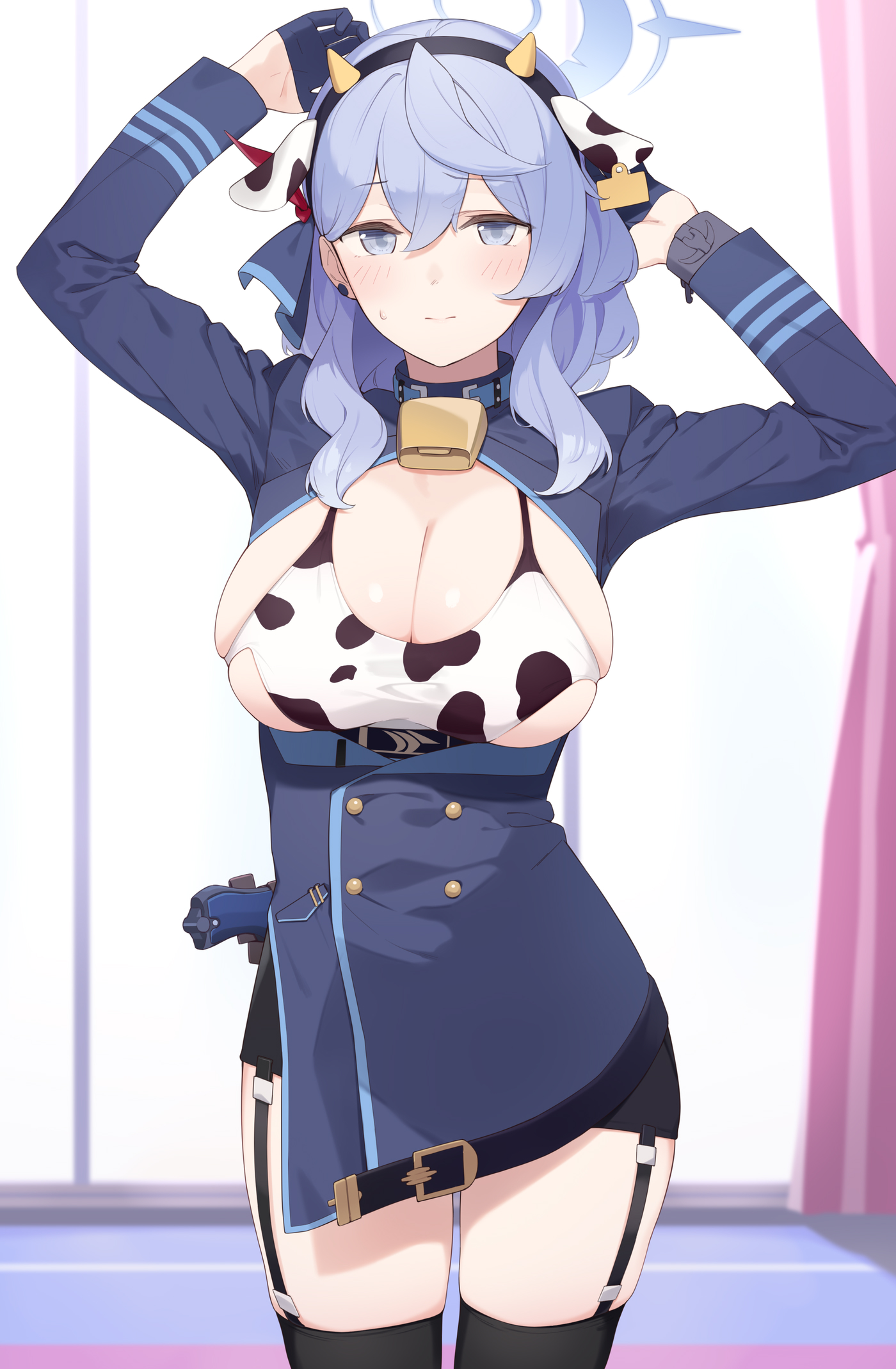 1girls, 2021, ako (blue archive), animal ears, animal print, arms up, bangs, bell, bikini, bikini top, black legwear, blue archive, blue dress, blue eyes, blue gloves, blue hair, blush, breasts, cleavage, cow bikini, cow ears, cow print, curtains, dress, enosan, eyebrows visible through hair, fake animal ears, fake horns, female, female focus, female only, garter straps, gehenna academy logo (blue archive), gehenna academy student, gloves, gun, hair between eyes, hair ornament, hair ribbon, half gloves, halo, handgun, highres, horns, large breasts, long hair, long sleeves, neck bell, open clothes, open dress, prefect team (blue archive), ribbon, sideboob, skindentation, solo, solo female, solo focus, sweat, swimsuit, thighhighs, weapon, window