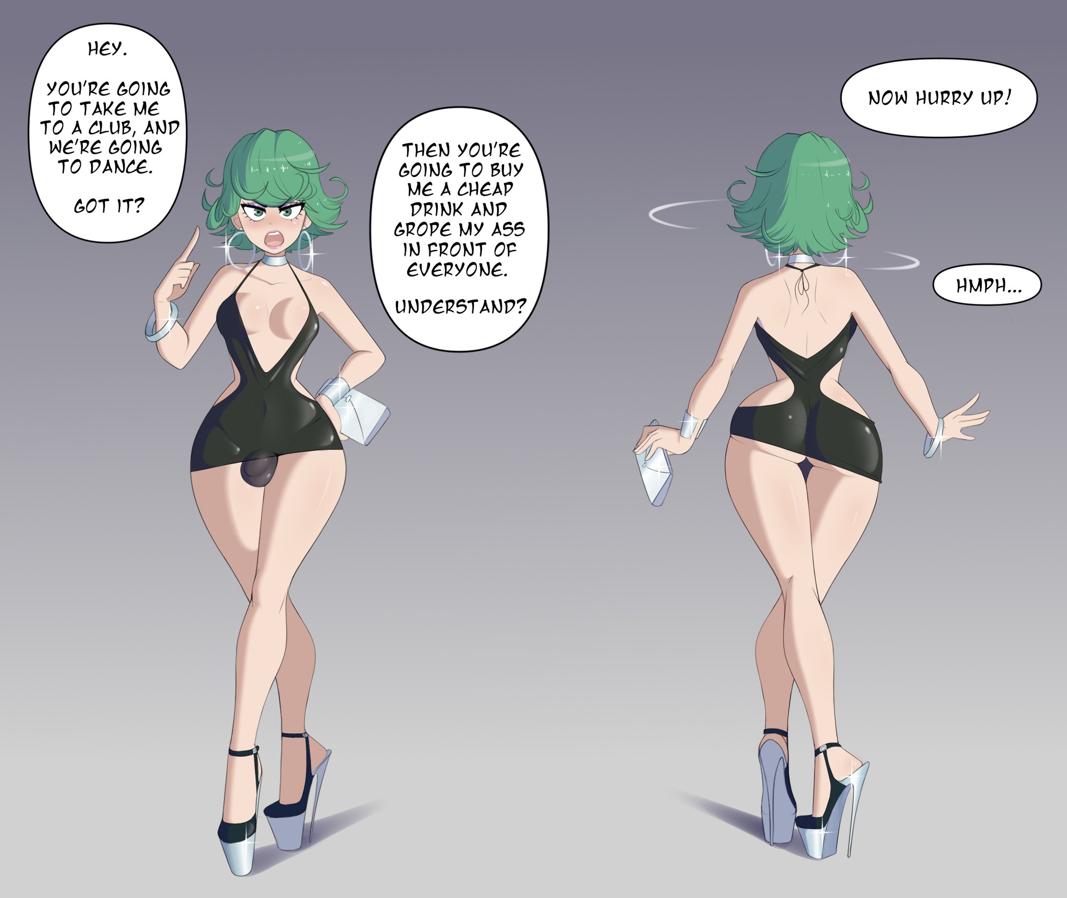 1futa, alternate version available, ass, back, back view, balls, balls bulge, bare shoulders, big ass, bimbo, bimbo futa, breasts, bulge, clothed, clothing, dress, earrings, english, english text, futa only, futadom, futanari, green hair, high heels, hoop earrings, hoop earrings oversized, hourglass figure, human, intersex, light skin, light-skinned futa, looking at viewer, one-punch man, open mouth, pale skin, panties, panty bulge, partially clothed, penis, penis bulge, platform heels, purse, sealguy, solo, speech bubble, standing, stiletto heels, tatsumaki, text, thick thighs, very high heels, wide hips
