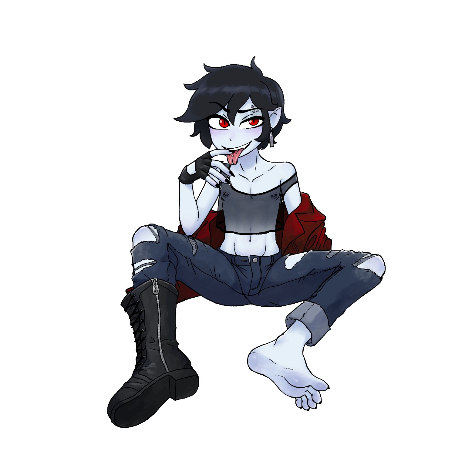 1boy, 1i3, adventure time, black boots, black hair, black nails, blush, boots, cartoon network, clothed, clothed male, earrings, eyebrow piercing, feet, femboy, finger on tongue, fingerless gloves, gay, huge feet, jeans, light skin, light-skinned male, looking at viewer, male, male feet, male nipples, male only, marshall lee, nipples, no background, one shoe, pale feet, pale skin, pale soles, pale-skinned male, partially clothed, red eyes, red jacket, short hair, soles, solo, tongue piercing, transparent clothing, twink, vampire, white background