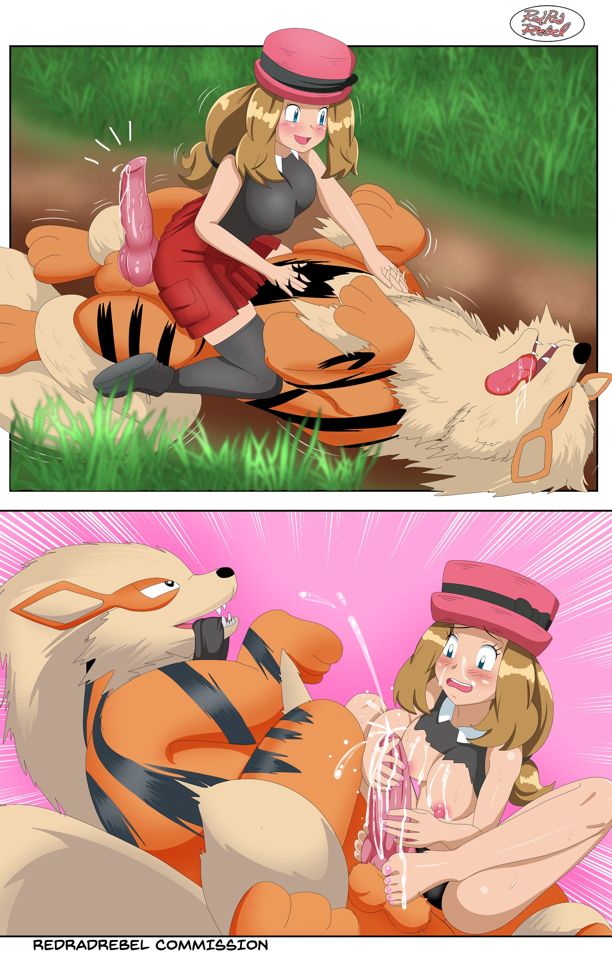 1boy, 1girls, animal genitalia, animal penis, arcanine, balls, big breasts, blonde hair, blue eyes, blush, breasts, canine, canine penis, cum, cum on breasts, cum on feet, cumshot, ejaculation, erection, feet, female, feral, foot fetish, footjob, hat, interspecies, knot, large breasts, long hair, male, nintendo, nipples, panties, penis, pokemon, pokemon (species), pokemon rgby, pokemon xy, pokephilia, redradrebel, ripped clothing, serena (pokemon), testicles, thick thighs, thighs, toes, video games, zoophilia