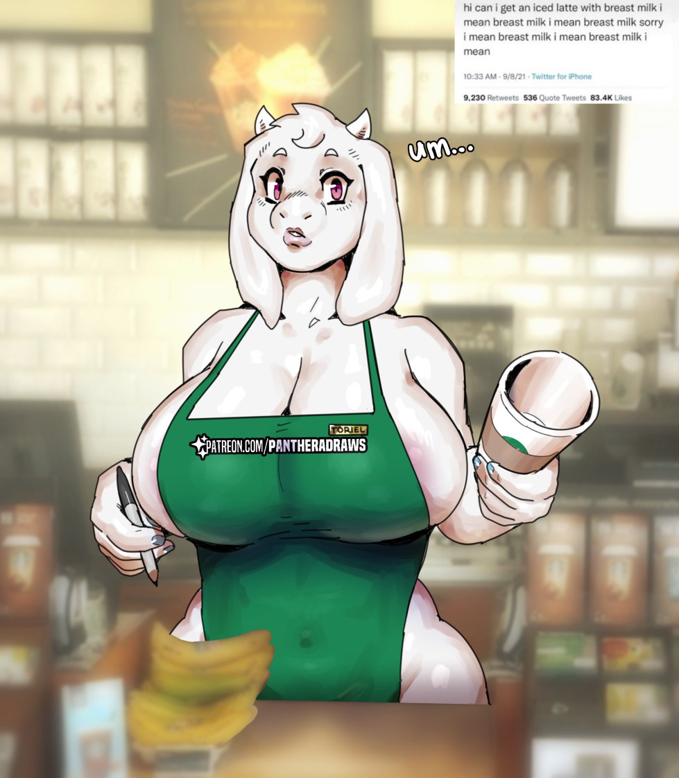 1girls anthro apron furry goat goat_humanoid horns huge_breasts iced_latte_with_breast_milk mammal mature_female meme milf naked naked_apron pantheradraws red_eyes starbucks toriel undertale