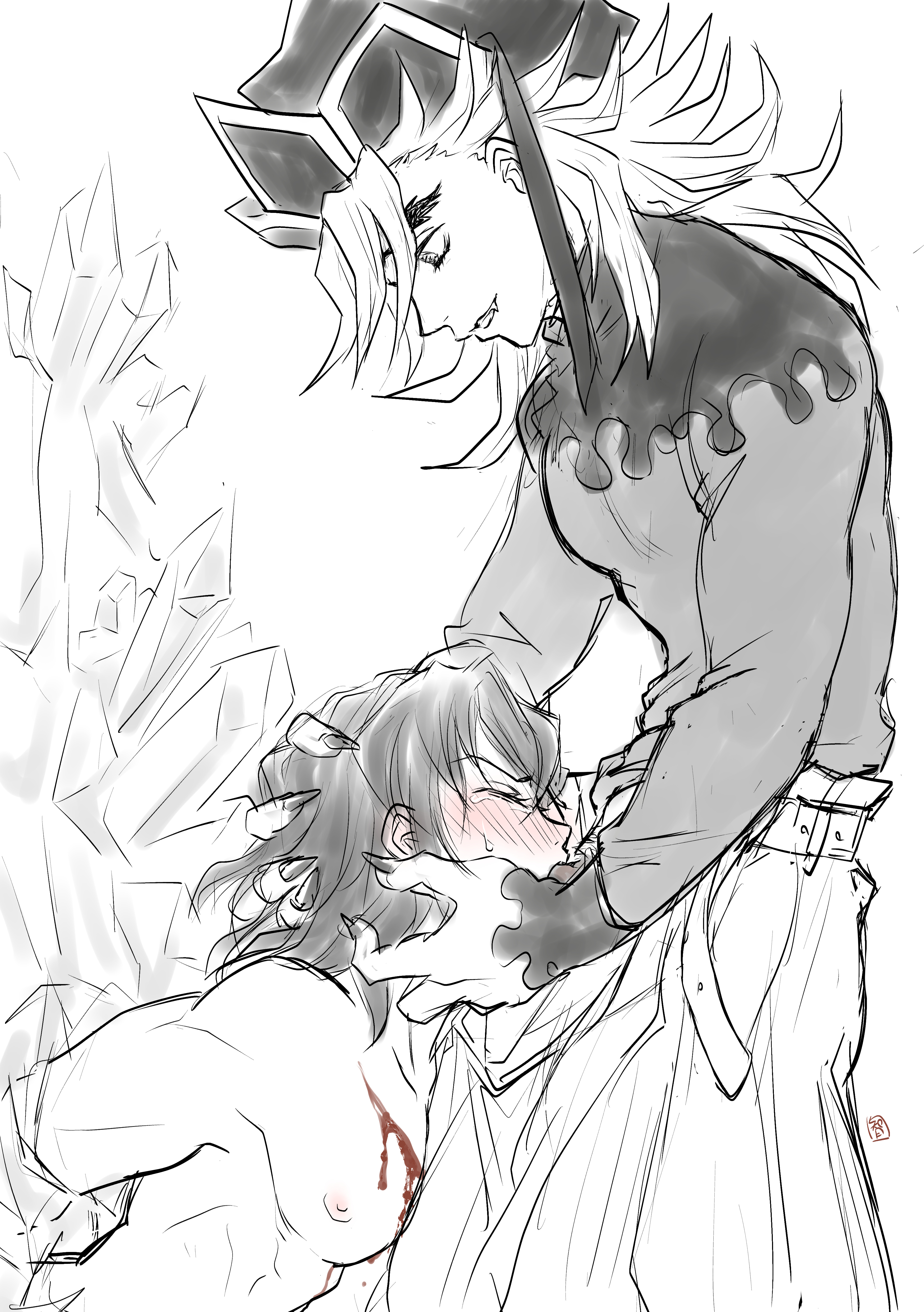 2boys, arms behind back, blood, blowjob, blush, clothed male nude male, demon, demon boy, demon slayer, douma, fellatio, forced oral, gay, hand on another's head, holding head, inosuke hashibira, kimetsu no yaiba, male, male only, monochrome, oral, restrained, spiky hair, yaoi