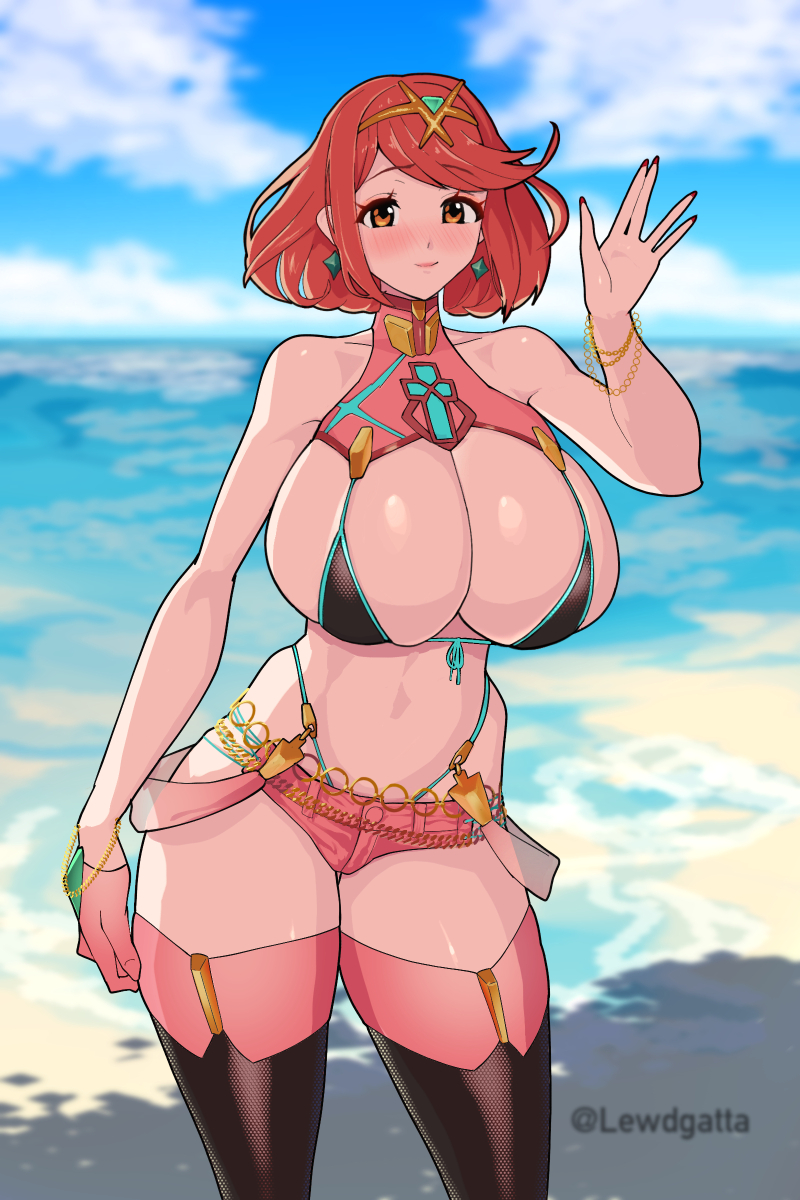 1girls, artist name, bare shoulders, beach, big breasts, bikini, bikini top, blush, breasts, cleavage, eyebrows visible through hair, eyelashes, female, female focus, female only, highleg, huge breasts, jean shorts, legwear, lewdgatta, looking at viewer, micro shorts, minishorts, pink shorts, pyra, red hair, shorts, solo, solo female, solo focus, standing, thick thighs, thighs, twitter username, xenoblade (series), xenoblade chronicles 2