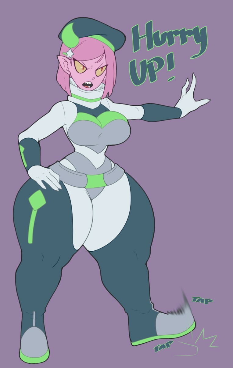 1girls angry angry_face big_ass big_butt bodysuit bottom_heavy captain_hat child_bearing_hips comet_(vammzu) command curvaceous curvy curvy_body curvy_female curvy_figure dialogue green_horns hat huge_ass huge_butt huge_thighs pink_hair pink_skin spacesuit tapping_foot text text_bubble vammzu voluptuous wide_hips