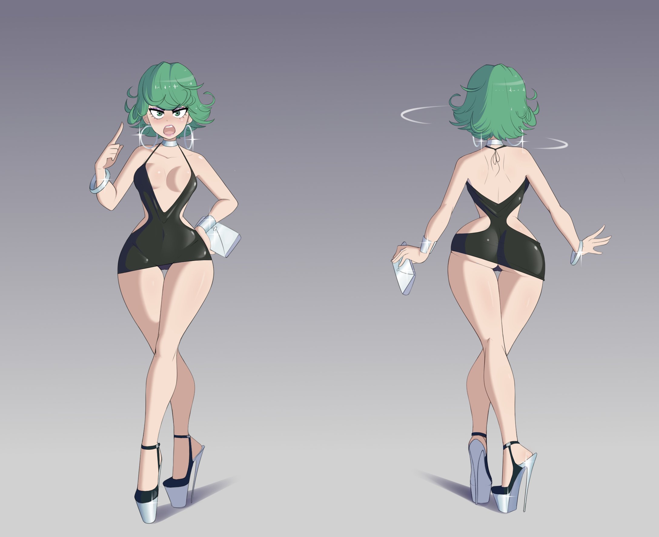 1girls, 2021, ass, big ass, bimbo, breasts, choker, earrings, female, female only, green hair, high heels, hoop earrings, hoop earrings oversized, looking at viewer, one-punch man, open mouth, platform heels, revealing clothes, sealguy, skimpy clothes, solo, stiletto heels, tatsumaki, thick thighs, very high heels, wide hips