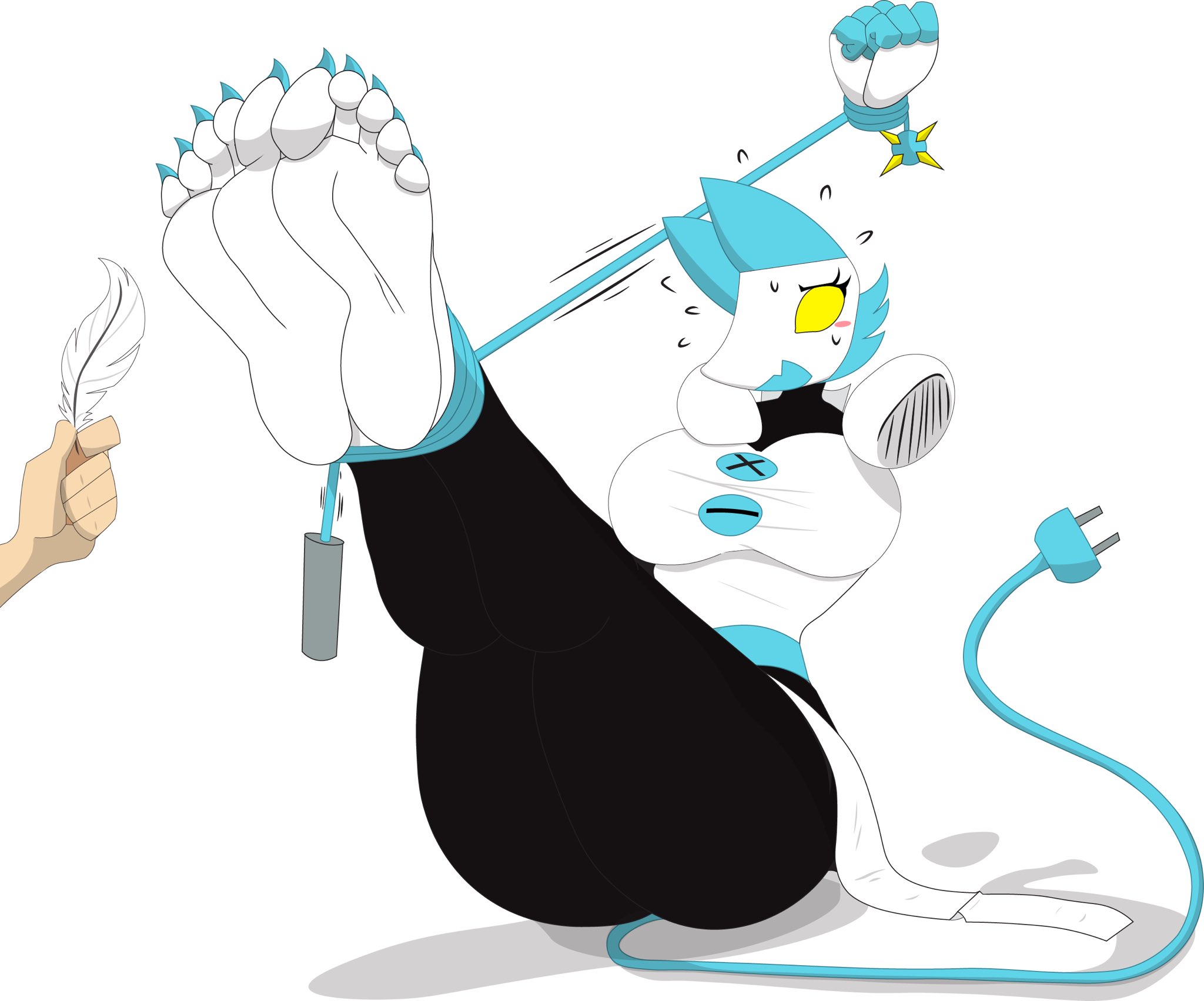5 toes, absurd res, big breasts, bondage, bound, breasts, color edit, colored, deltarune, domestic cat, edit, feet, felid, feline, felis, female, hi res, machine, mammal, robot, soles, solo, suspension, tasque manager (deltarune), toes, video games, zp92