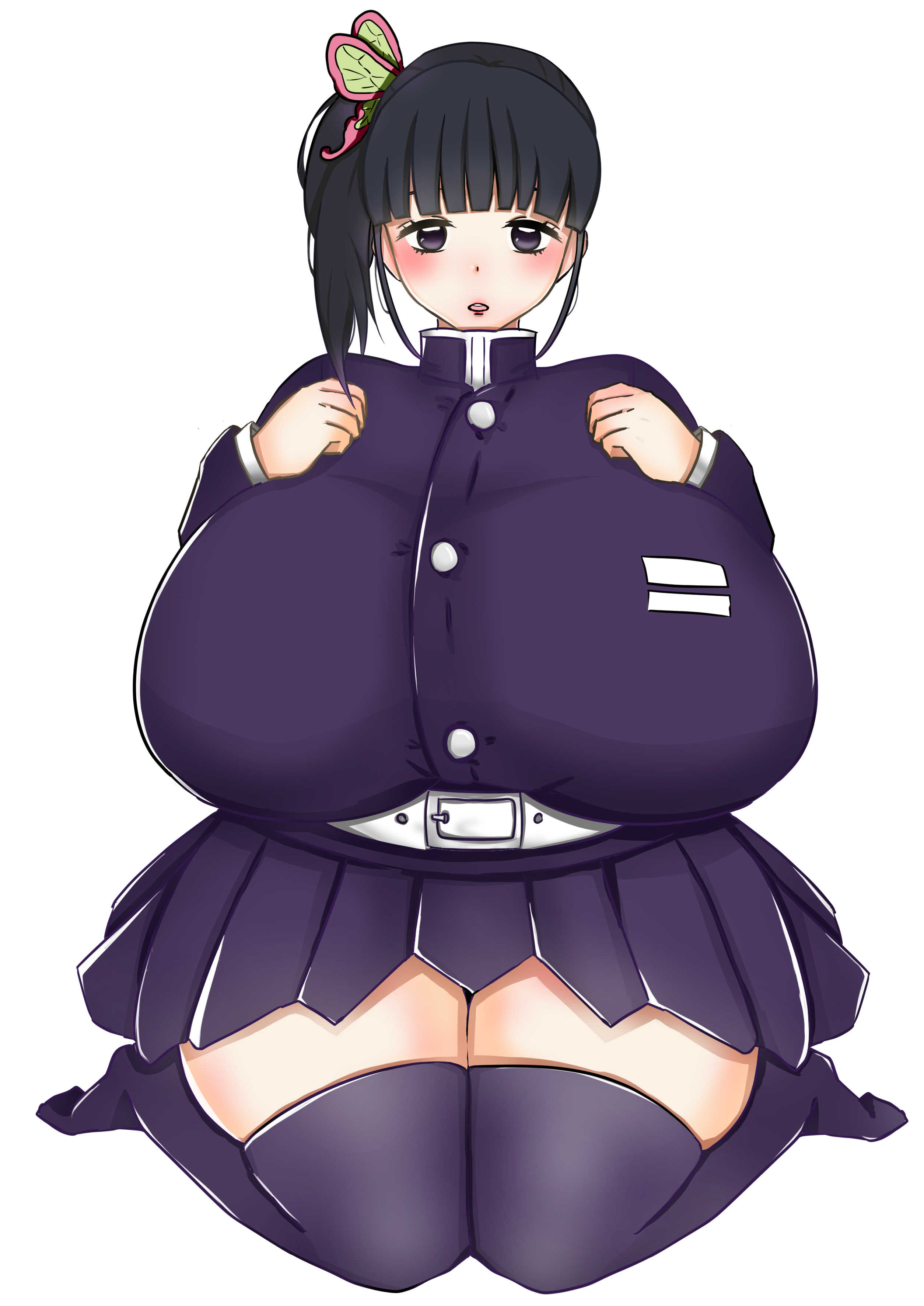 1girls, alternate body type, alternate breast size, big breasts, black hair, blush, breasts, butterfly hair ornament, chubby, chubby female, demon slayer, female, female only, full body, huge breasts, kimetsu no yaiba, koraiyu, looking at viewer, pleated skirt, plump, ponytail, sidelocks, sitting, solo, thighhighs, top heavy, tsuyuri kanao, voluptuous, wariza, wide hips, zettai ryouiki