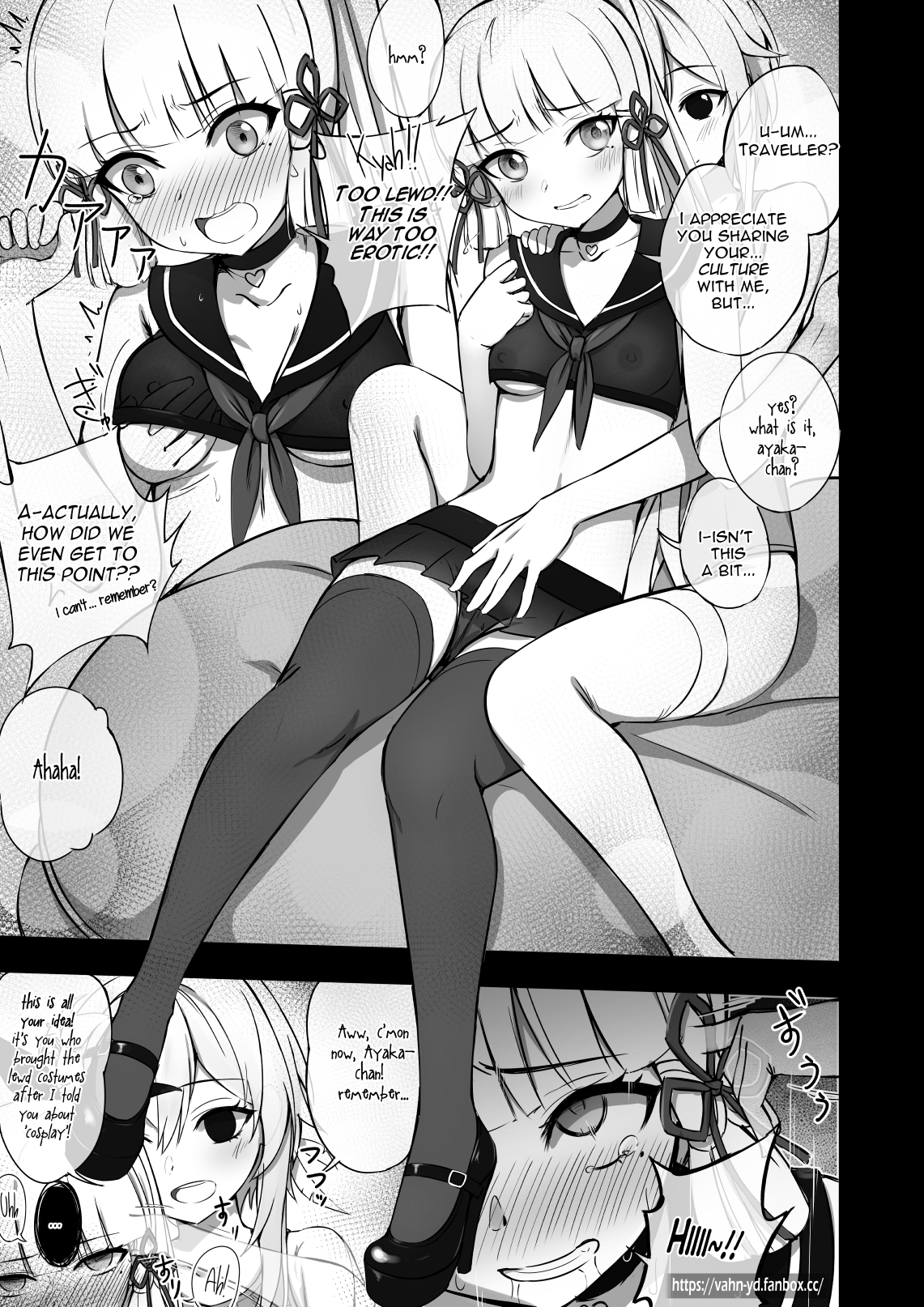 2girls, blush, breast grab, breasts, comic, english text, female, female only, genshin impact, groping, high heels, kamisato ayaka, lumine (genshin impact), monochrome, platform heels, school uniform, skirt, speech bubble, thighhighs, vahn yourdoom, yuri