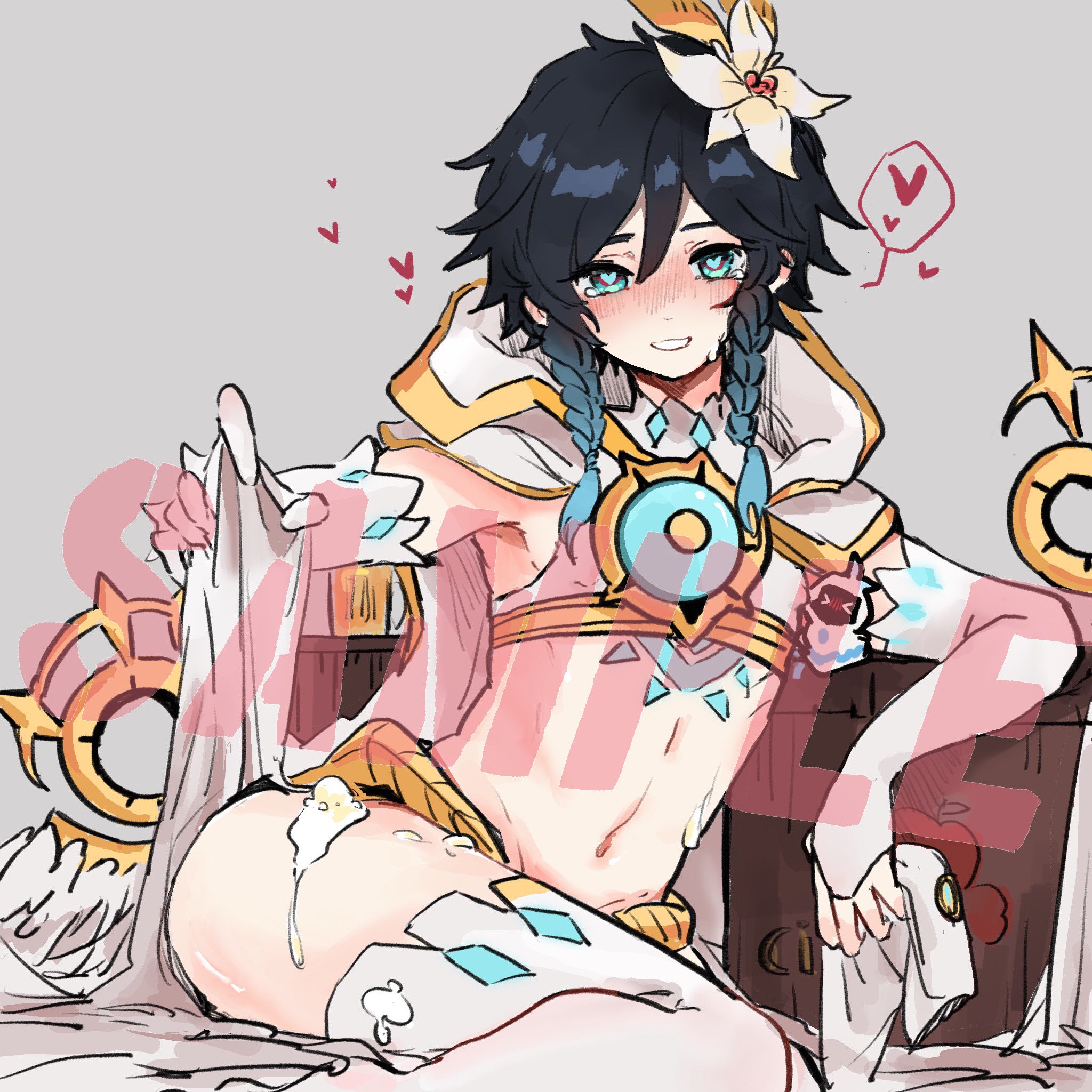 1boy, achi30130726, adult, angel wings, barbatos (genshin impact), black hair, blue eyes, blue hair, crossdressing, cum, cum on body, femboy, genshin impact, god, light skin, light-skinned male, male, male only, midriff, navel, pale skin, pale-skinned femboy, pale-skinned male, revealing clothes, tattoo, teal eyes, teal hair, thick thighs, thighhighs, thighs, trap, venti (genshin impact), wings
