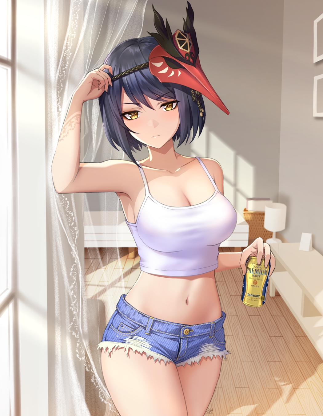 1girls alcohol beer beer_can belly_button big_breasts black_hair blush brand_name_imitation breasts busty cleavage clothing cowboy_shot crop_top curvi cutoffs day denim denim_shorts drink facing_viewer female genshin_impact hi_res indoors kujou_sara living_room looking_at_viewer mask mask_on_head midriff navel running_bond short_hair short_shorts shorts solo sony_kisaragi standing straight-on subjectivity suntory tank_top thighs white_crop_top white_shirt white_tank_top white_topwear wooden_floor yellow_eyes