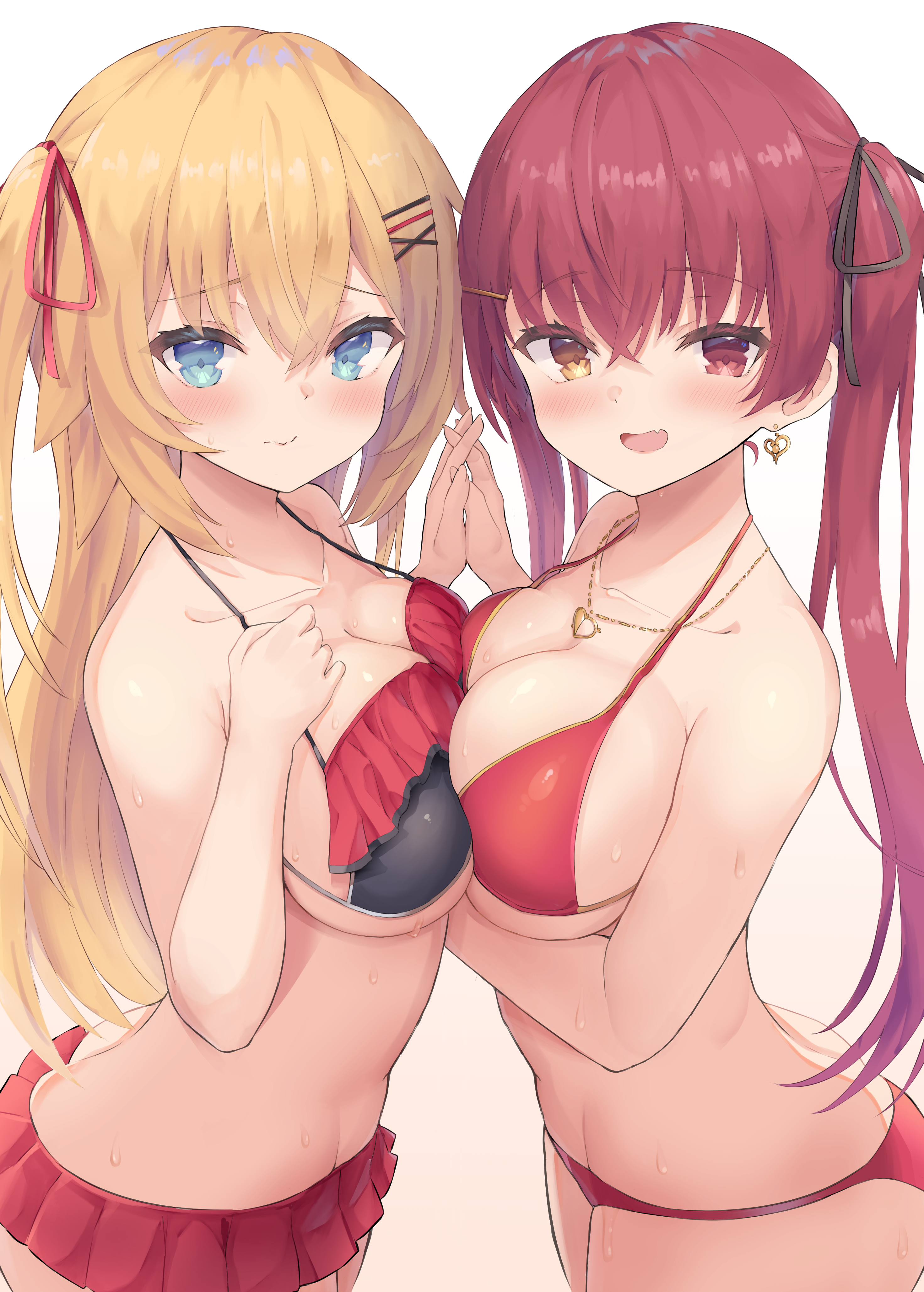 2021, 2girls, absurdres, akai haato, bangs, bare arms, bare shoulders, bikini, bikini skirt, black bikini, black ribbon, blonde hair, blue eyes, blush, breast press, breasts, cleavage, closed mouth, collarbone, earrings, eyebrows visible through hair, female, frilled bikini, frills, from side, gradient, gradient background, hair between eyes, hair ornament, hair ribbon, hairclip, halter top, halterneck, heart, heart earrings, heart necklace, heterochromia, highres, holding hands, hololive, hololive fantasy, hololive gen 1, hololive japan, houshou marine, jewelry, large breasts, long hair, looking at viewer, looking to the side, multiple females, multiple girls, necklace, nekohuman221 (tsun221), oerba yun fang, open mouth, red bikini, red eyes, red hair, red ribbon, ribbon, simple background, skin fang, smile, swimsuit, symmetrical docking, twintails, two side up, virtual youtuber, wet, white background, x hair ornament, yellow eyes