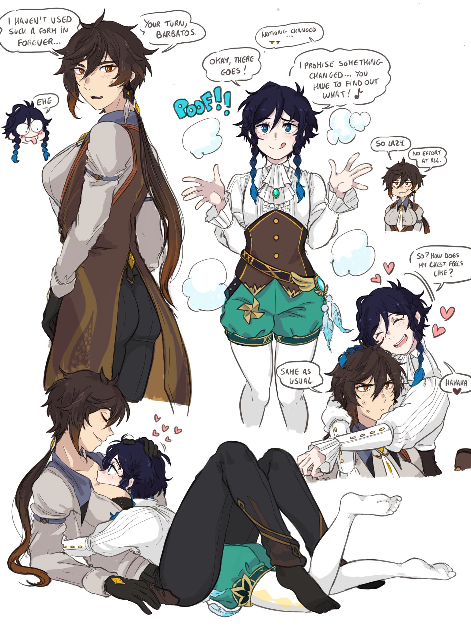 2boys, big breasts, black hair, blue eyes, blush, breasts, brown hair, cuddling, dialogue, dn313gl, english text, female, femboy, femboy on tomboy, gay, genshin impact, girly, male, male only, male with breasts, sissy, teal eyes, teal hair, tomboy, trap, venti (genshin impact), yaoi, yellow eyes, zhongli (genshin impact), zhongli jiejie