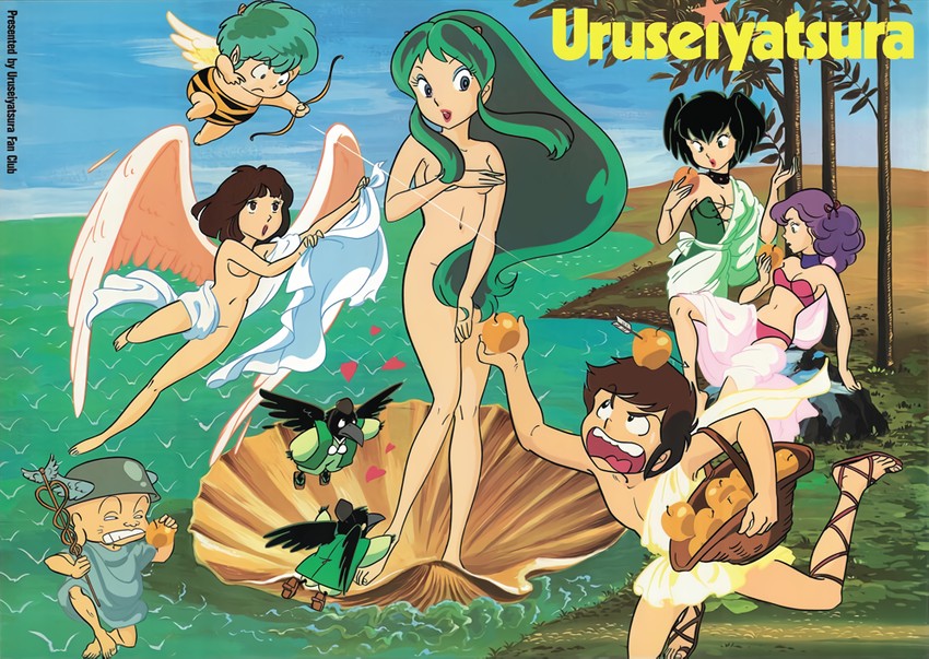 4girls 80s artist_request ataru_moroboshi black_hair breasts female fine_art_parody green_hair head_wings horns jariten kenku kurama_(urusei_yatsura) lavender_hair light-skinned_female light-skinned_male light_skin long_hair lum male mercury official_art oni pale-skinned_female pale-skinned_male pink_hair pointy_ears princess public_domain ran_(urusei_yatsura) shinobu_miyake short_hair tengu the_birth_of_venus urusei_yatsura