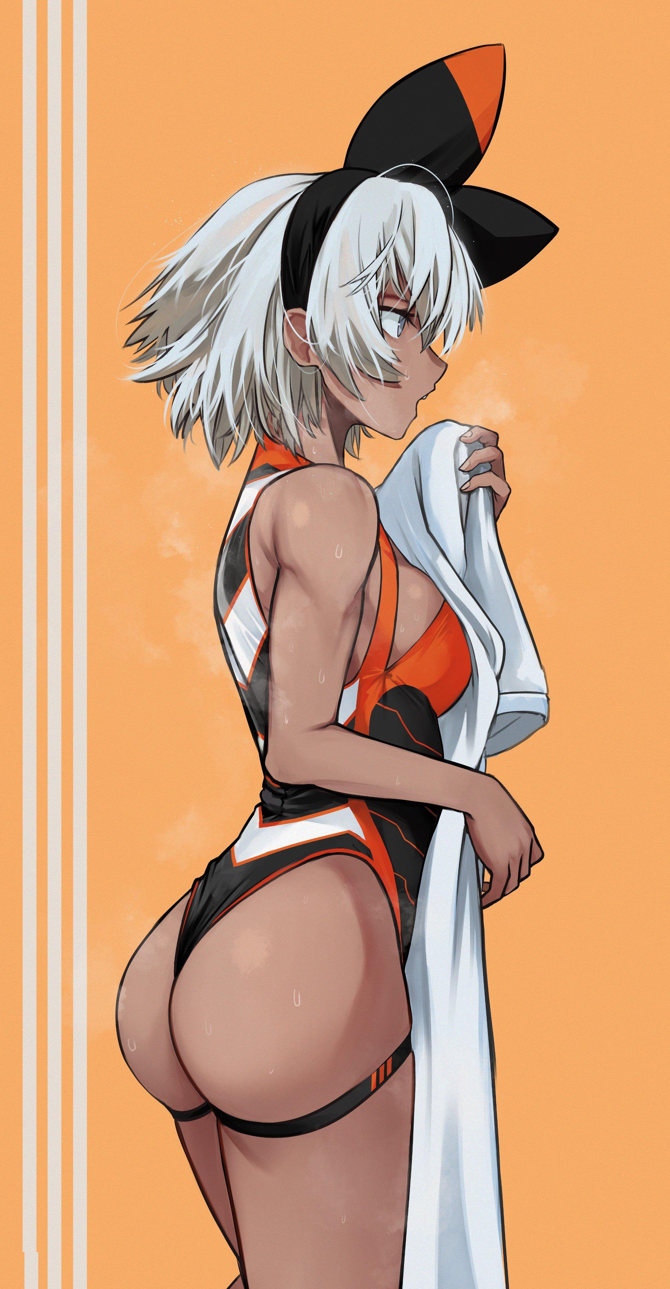absurdres, arm up, ass, bangs, bare shoulders, bea (pokemon), black bodysuit, black hairband, bodysuit, breasts, breath, cowboy shot, creatures (company), dark skin, dark-skinned female, facing to the side, female, game freak, gloves, grey eyes, grey hair, gym leader, hairband, highres, holding, kobi420, large breasts, looking to the side, muscular, muscular female, nintendo, open mouth, orange background, pokemon, pokemon (game), pokemon ss, shirt, short hair, short sleeves, shorts, simple background, solo, sweat, symbol-only commentary, thigh strap, thighs, towel