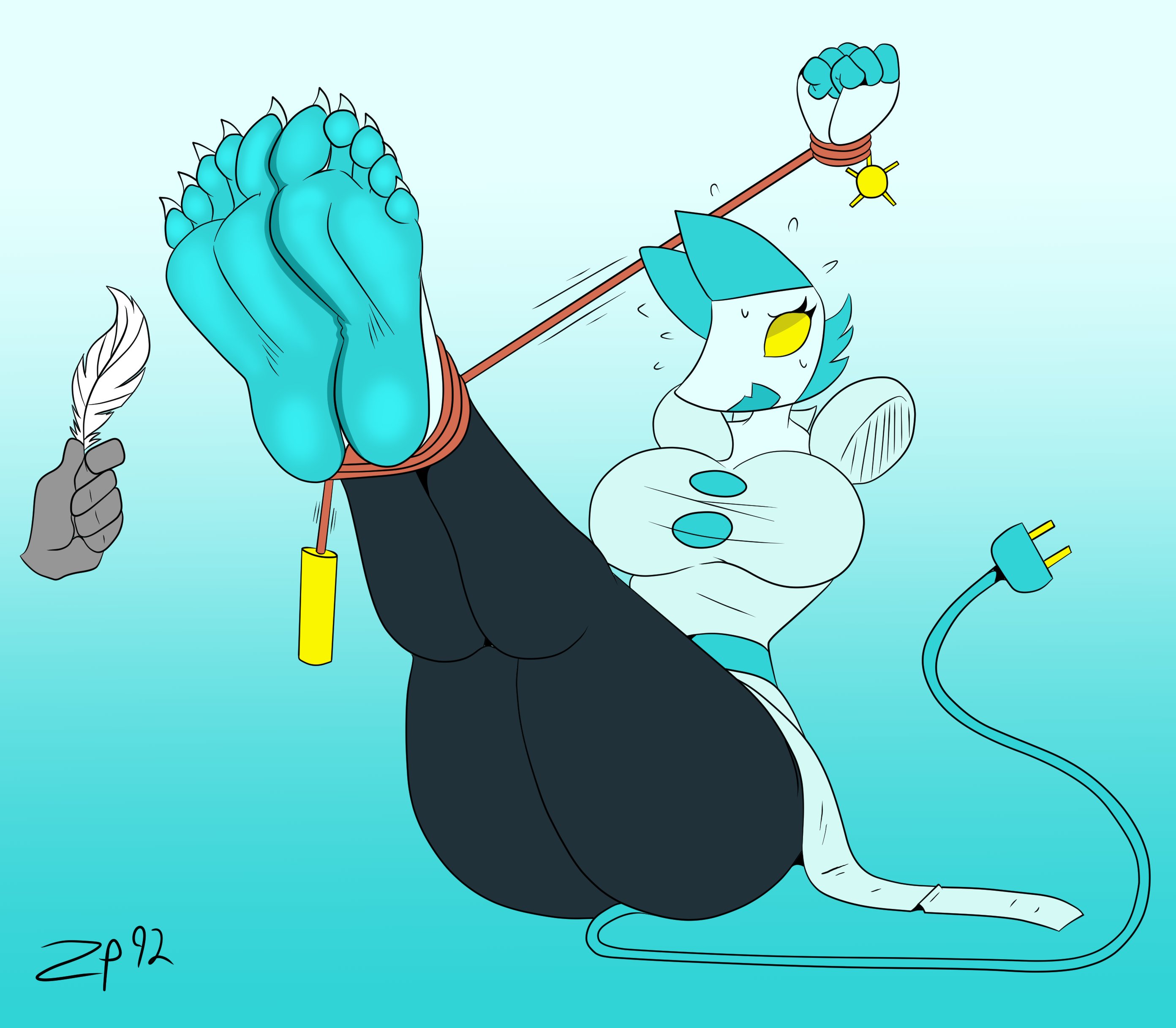 0v00w0paws (artist), 5 toes, absurd res, barefoot, big breasts, bondage, bound, breasts, color edit, colored, deltarune, domestic cat, edit, feet, felid, feline, felis, female, foot fetish, foot focus, foot tickling, hi res, machine, mammal, robot, soles, solo, suspension, tasque manager (deltarune), tickling, toes, video games, zp92