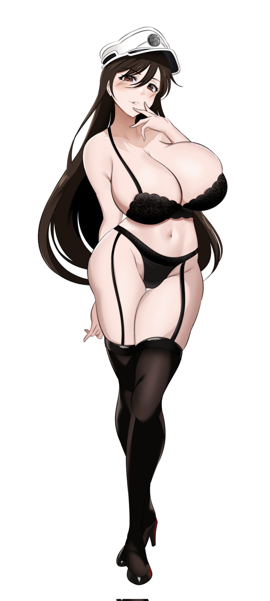 1girls, 2021, azmiyudista, bambietta basterbine, bleach, bleach: the thousand-year blood war, breasts, brown eyes, brown hair, cleavage, commission, female, high heels, huge breasts, lingerie, looking at viewer, solo, solo female, tagme, thick, thick thighs, thighhighs, white background
